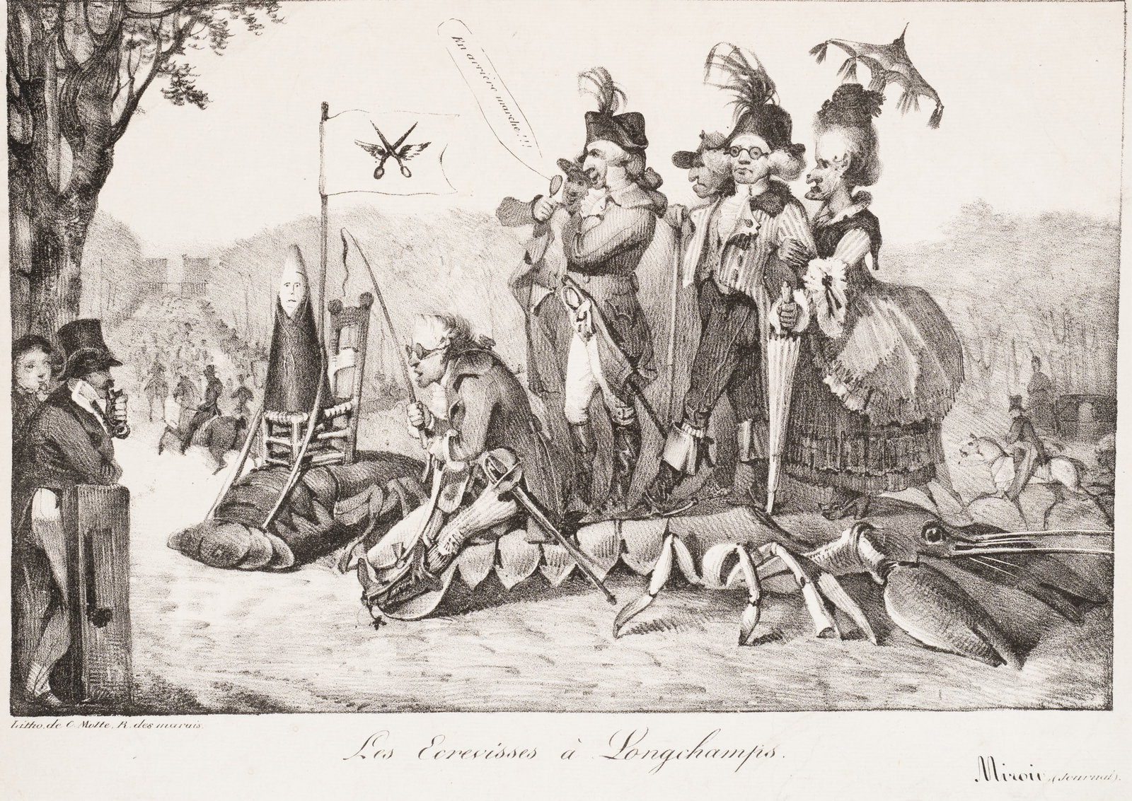 E. DELACROIX (*1798), Elegant crayfish, 1822, Lithography: Eugène Delacroix (1798 - 1863 ibid.): Satirical depiction of society on a crayfish carriage, 1822, Lithography Technique: Lithography on Paper Catalogue Raisonné: , 37 II/II Inscription: low
