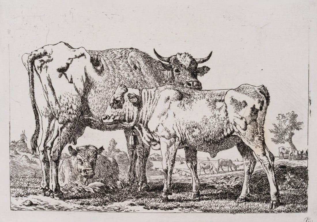 J. DEMARNE (1752-1829), Two cows in a landscape, around 1800, Etching: Jean-Louis Demarne (around 1752 Brussels - 1829 Paris): Two cows in a landscape, c. 1800, Etching Technique: Etching on Paper Stamp: Lower right Collector's stamp, Lugt no.: 971. Friedrich August II. 