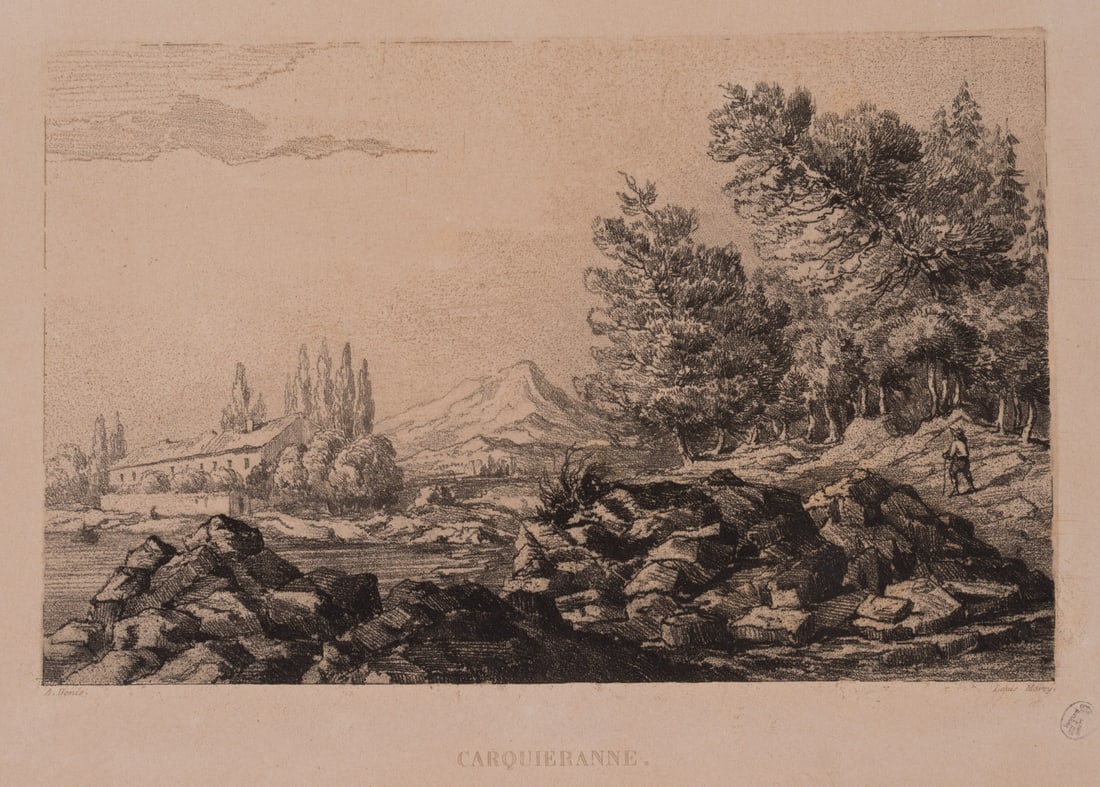 L. MARVY (19th) after DENIS (19th), View of a rocky riverside landscape, Vernis Mou: Louis Marvy (19th century) after A. Denis (19th century): Carquieranne - View of stony shore landscape, 19th century, Vernis Mou Technique: Vernis Mou on Paper Stamp: Collector's stamp, Lugt no.: 971.