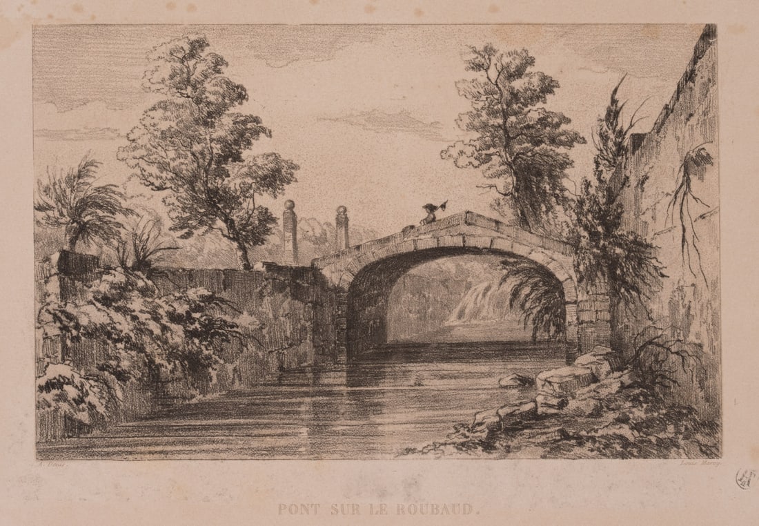 L. MARVY (19th) after DENIS (19th), Small bridge over the River Roubaud, 1843, Vernis Mou: Louis Marvy (19th century) after A. Denis (19th century): Pont sur le Roubaud - Small bridge over the river, 1843, Vernis Mou Technique: Vernis Mou on Paper Stamp: Collector's stamp, Lugt no.: 971. Fr