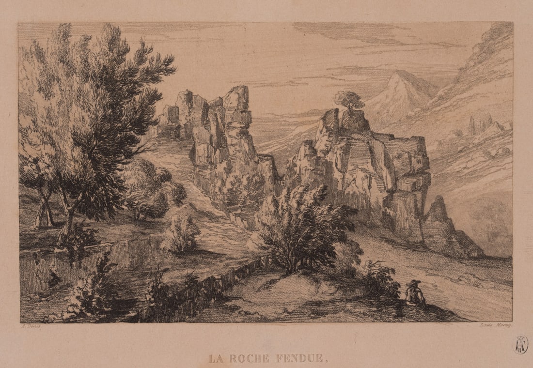 L. MARVY (19th) after DENIS (19th), The Split Rock, Hyères, 1843, Vernis Mou: Louis Marvy (19th century) after A. Denis (19th century): La Roche Fendue Chemin d'Hyères à la Roquette, 1843, Vernis Mou Technique: Vernis Mou on Paper Stamp: Collector's stamp, Lugt no.: 9