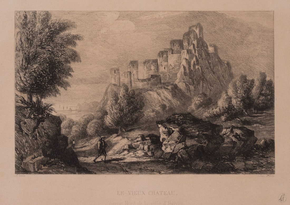 L. MARVY (19th) after DENIS (19th), The Old Castle in Hyères, viewed from the north, 1843,: Louis Marvy (19th century) after A. Denis (19th century): The old castle Northern part of the town of Hyères, 1843, Vernis Mou Technique: Vernis Mou on Paper Stamp: Collector's stamp, Lugt no.: 9