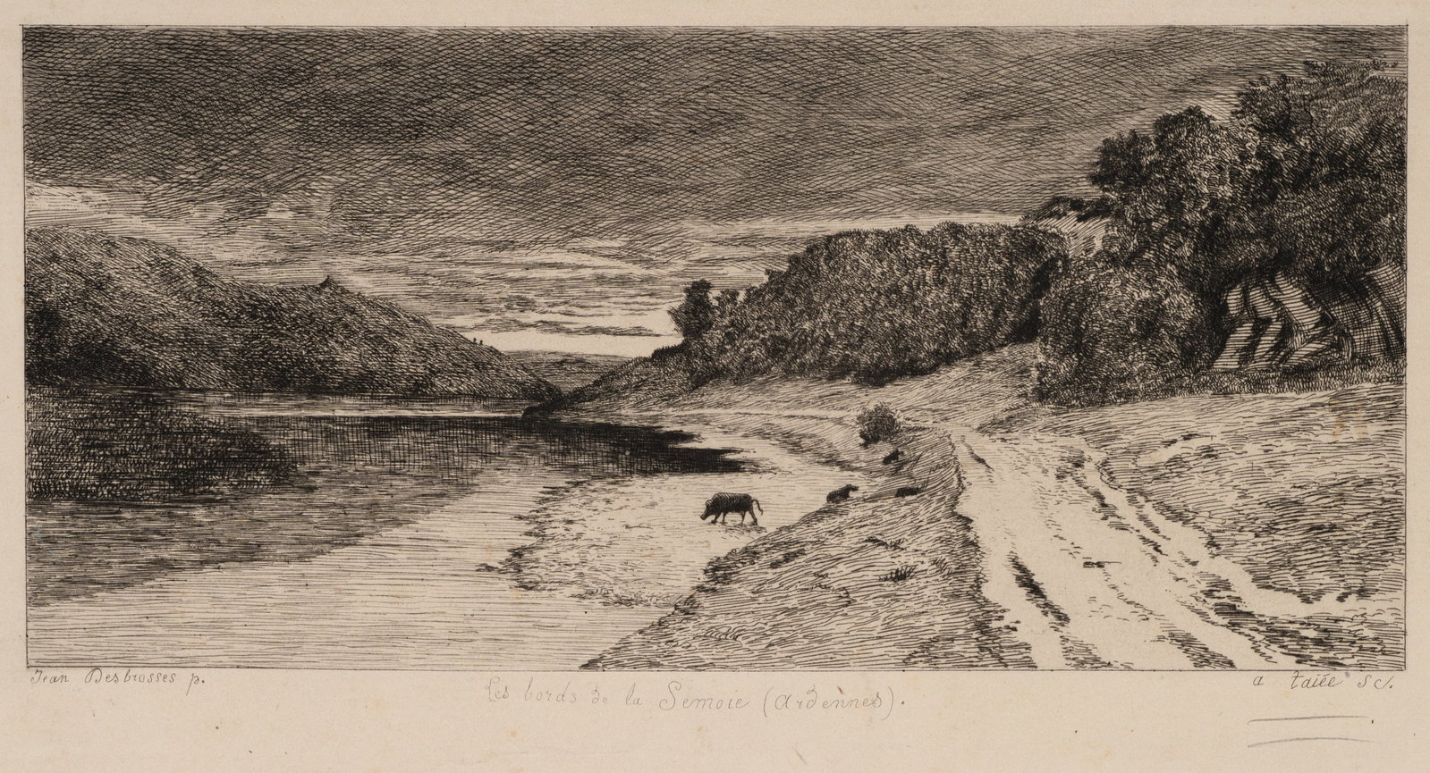 A. TAIÉE (*1820) after DESBROSSES (*1835), Landscape along the Semois, Ardennes, around 1870, (1 of 5)