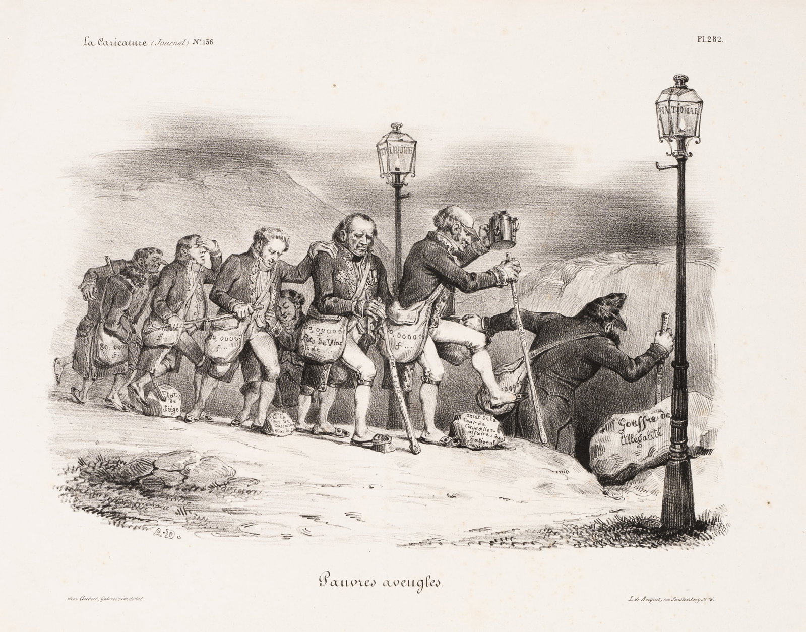 A. DESPERET (1804-1865), Blind allegiance to Liberté, Lithography: Auguste Desperet (1804 - 1865 ): Political satire: Blind men follow "Liberté" into the abyss, 19th century, Lithography Technique: Lithography on Paper Inscription: lower left signed in the print