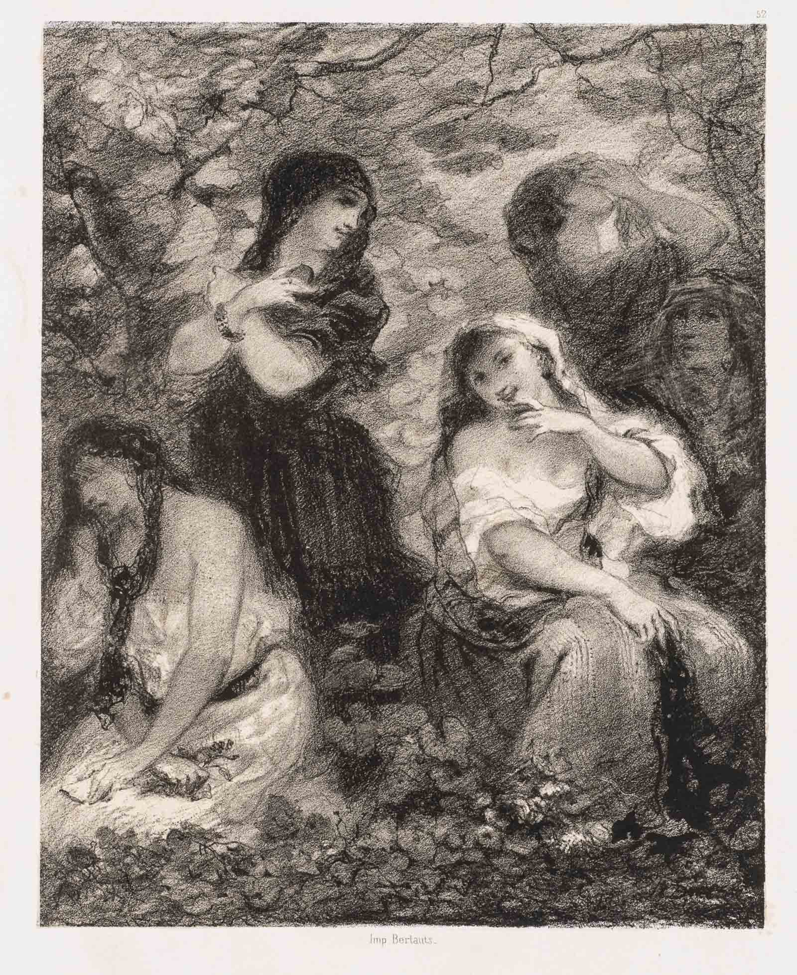 N. DIAZ DE LA PENA (*1807), Women during the grape harvest, around 1844, Lithography: Narcisse Diaz De La Pena (1807 Bordeaux - 1876 Menton): Five women at the grape harvest, Les Folles Amoureuses, c. 1844, Lithography Technique: Lithography on Paper Inscription: Numbered "52" on the u