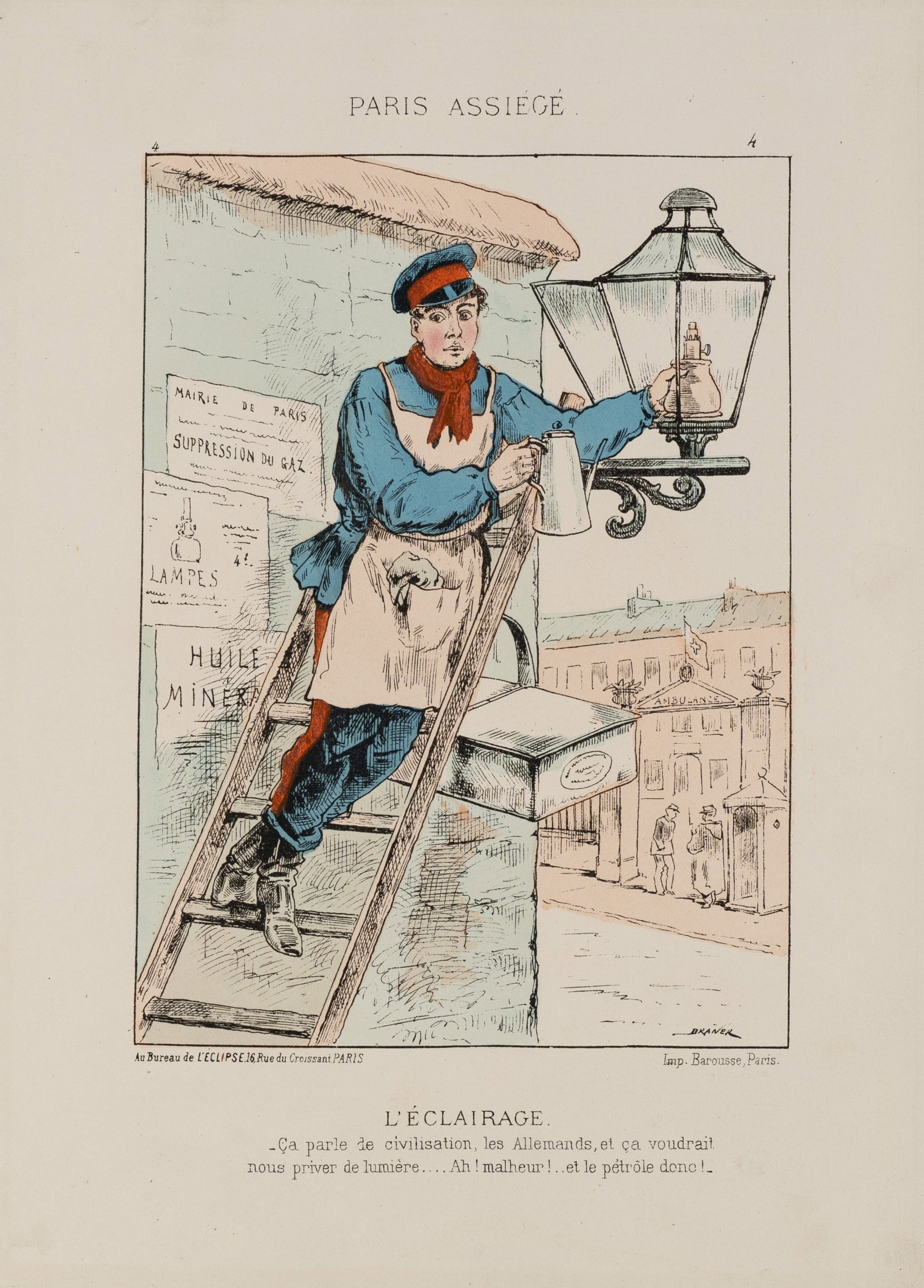J. DRANER (1833-1893), Parisian lamplighter, 1871, Lithography: Jules Draner (1833 Liège - 1893 Paris): Lantern lighters in Paris during the siege, 1871, Lithography Technique: Hand colored Lithography on Paper, mounted on Paper Inscription: Lower right signe
