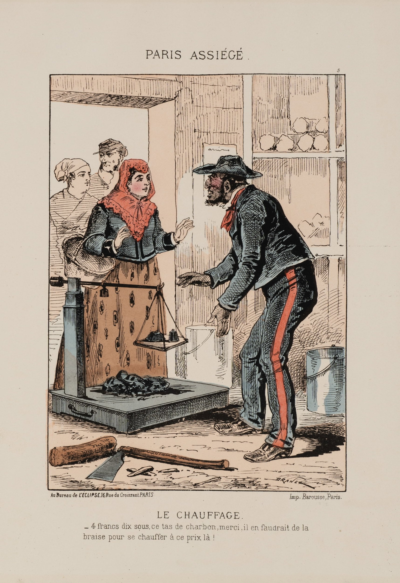 J. DRANER (1833-1893), Negotiations on charcoal, 1871, Lithography: Jules Draner (1833 Liège - 1893 Paris): "Le Chauffage" Economic hardship in besieged Paris, 1871, Lithography Technique: Hand colored Lithography on Paper, mounted on Paper Inscription: Lower rig