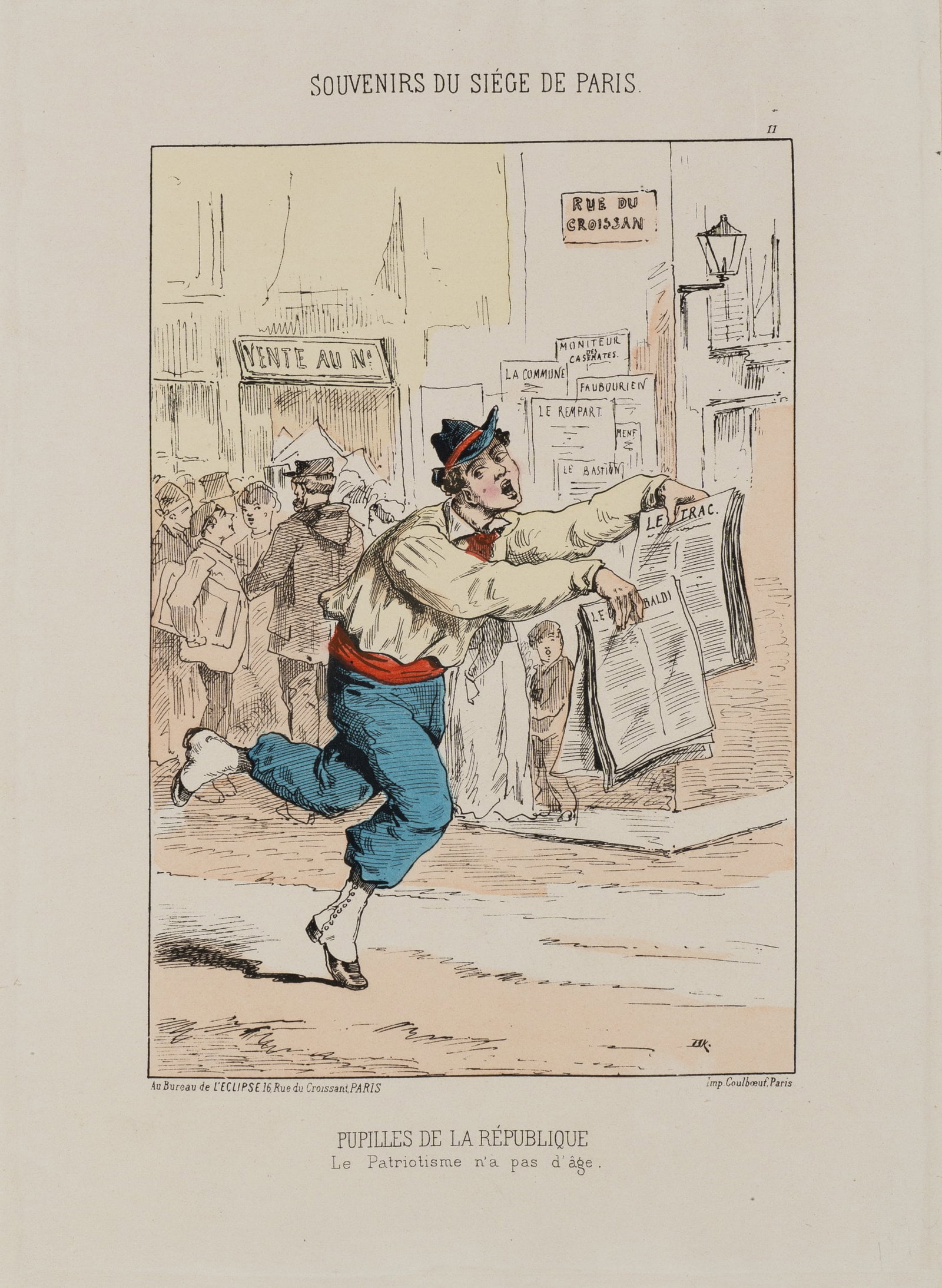 J. DRANER (1833-1893), Pupilles de la République, 1871, Lithography: Jules Draner (1833 Liège - 1893 Paris): A patriotic youth under siege in Paris Parisian student announcing the latest news, 1871, Lithography Technique: Hand colored Lithography on Paper, mounted