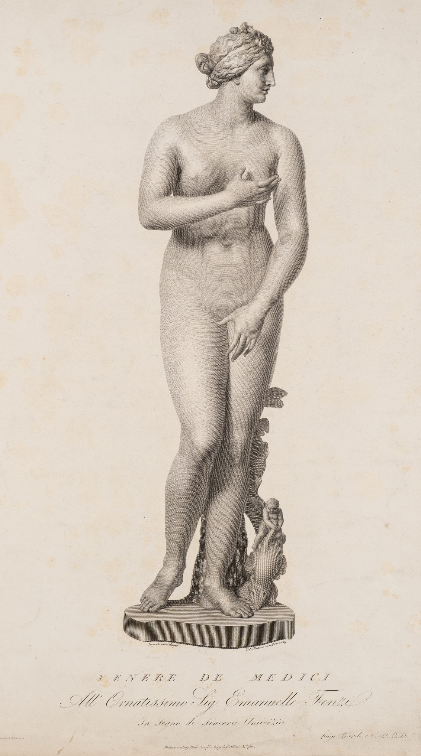 P. FONTANA (*1762) after DURANTINI (*1792), Venus Medici, Venus Pudica, 1819, Copper engraving: Pietro Fontana (1762 Bassano - 1837 Rom) after Luigi Durantini (1792 - 1857 ): Venus Medici, Venus Pudica Classical Venus with mythological symbols, 1819, Copper engraving Technique: Copper engraving 