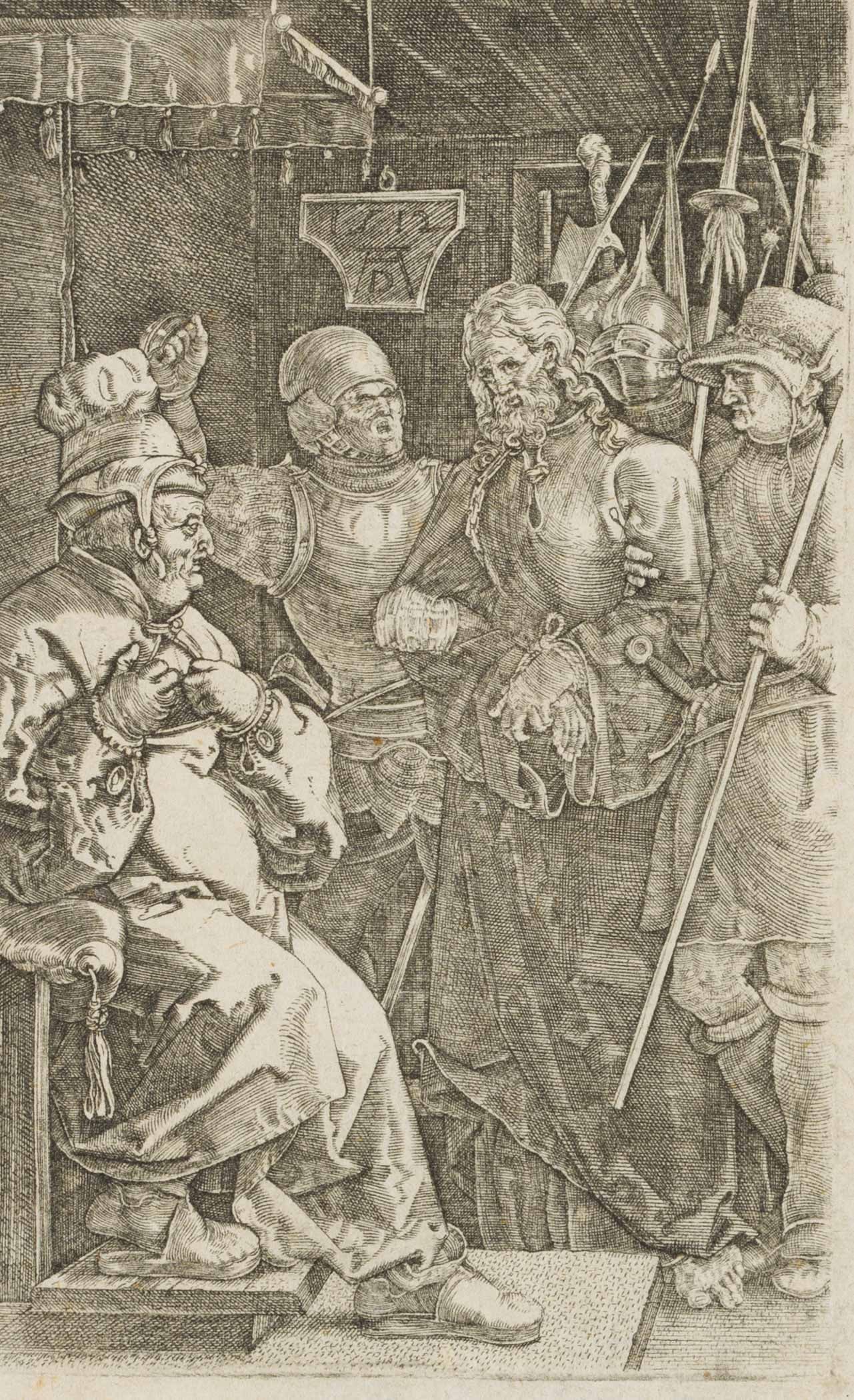After DÜRER (*1471), Christ before Caiaphas, around 1830, Etching: After Albrecht Dürer jun. (1471 Nuremberg - 1528 ibid.): Bible illustration of Jesus Christ before the high priest Caiaphas Passion of Christ, c. 1830, Etching Technique: Etching on Paper Catalog