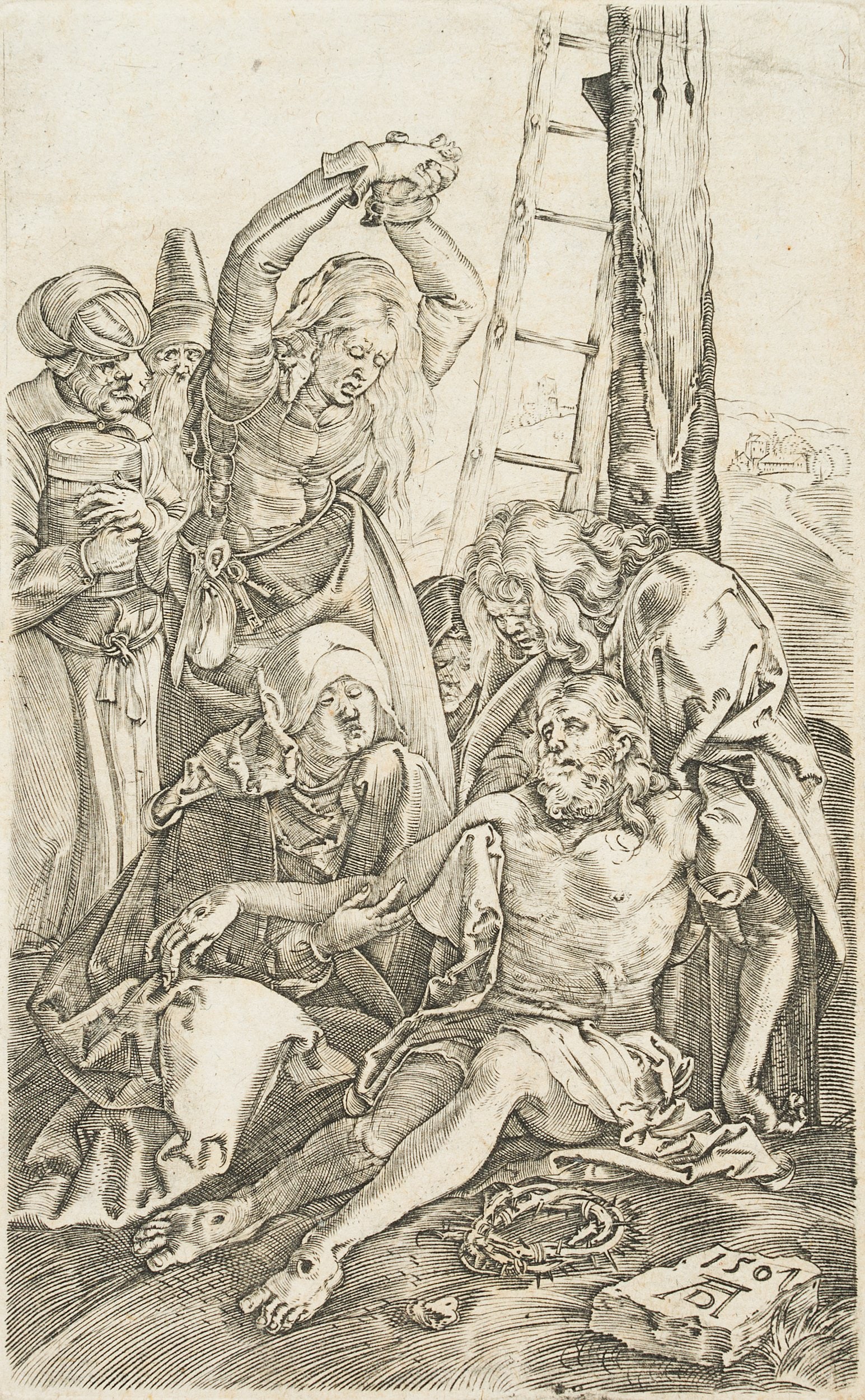 Bundele (19th) after DÜRER (*1471), The Lamentation of Christ, Copper engraving (1 of 3)