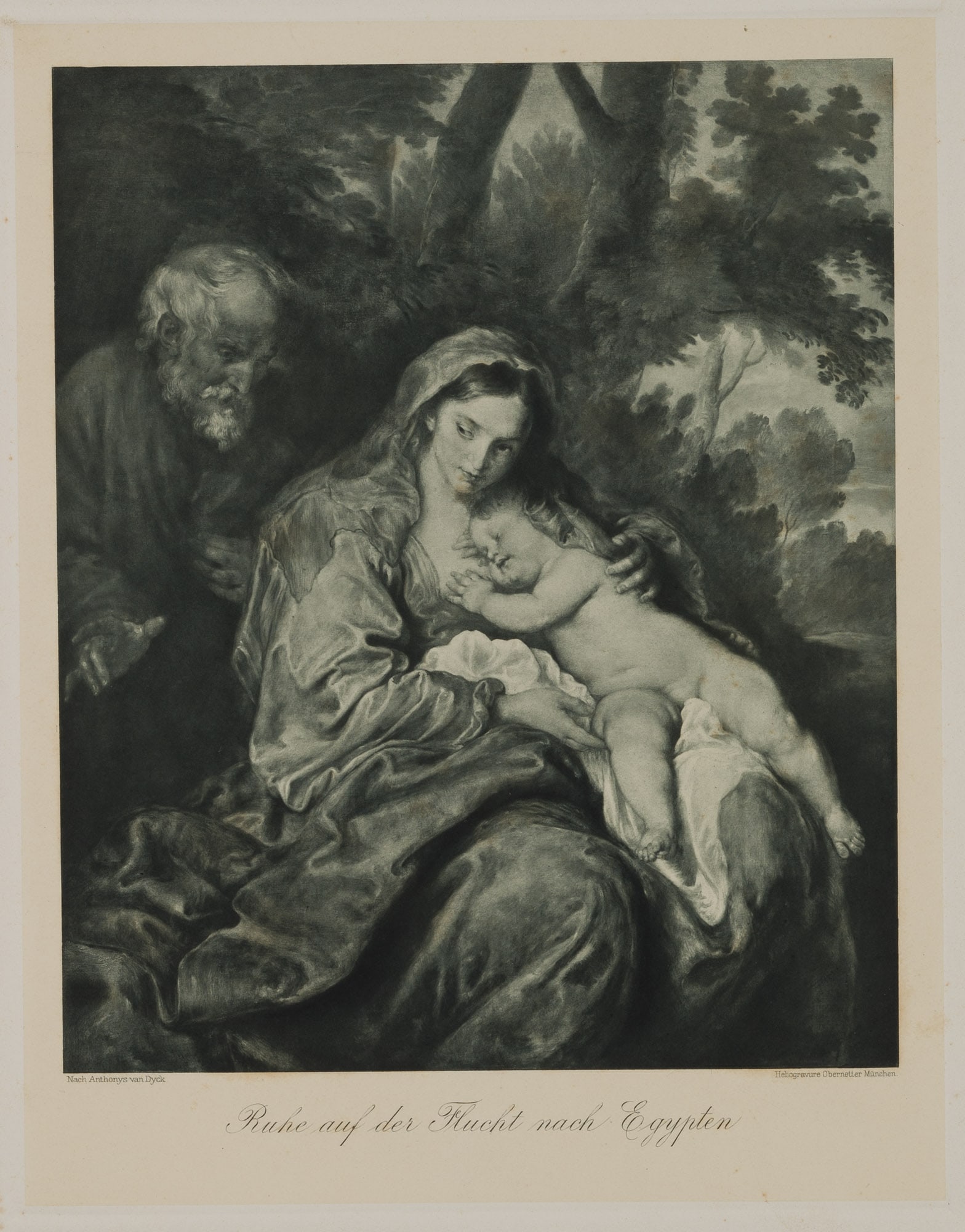 J. OBERNETTER (*1840) after DYCK (*1599), Peace after the flight to Egypt, heliogravure/photogravure: Johann Baptist Obernetter (1840 Munich - 1887 ibid.) after Anthonis van Dyck (1599 Antwerp - 1641 London): Biblical scene Rest on the flight to Egypt, masterpiece, 19th century, heliogravure/photograv