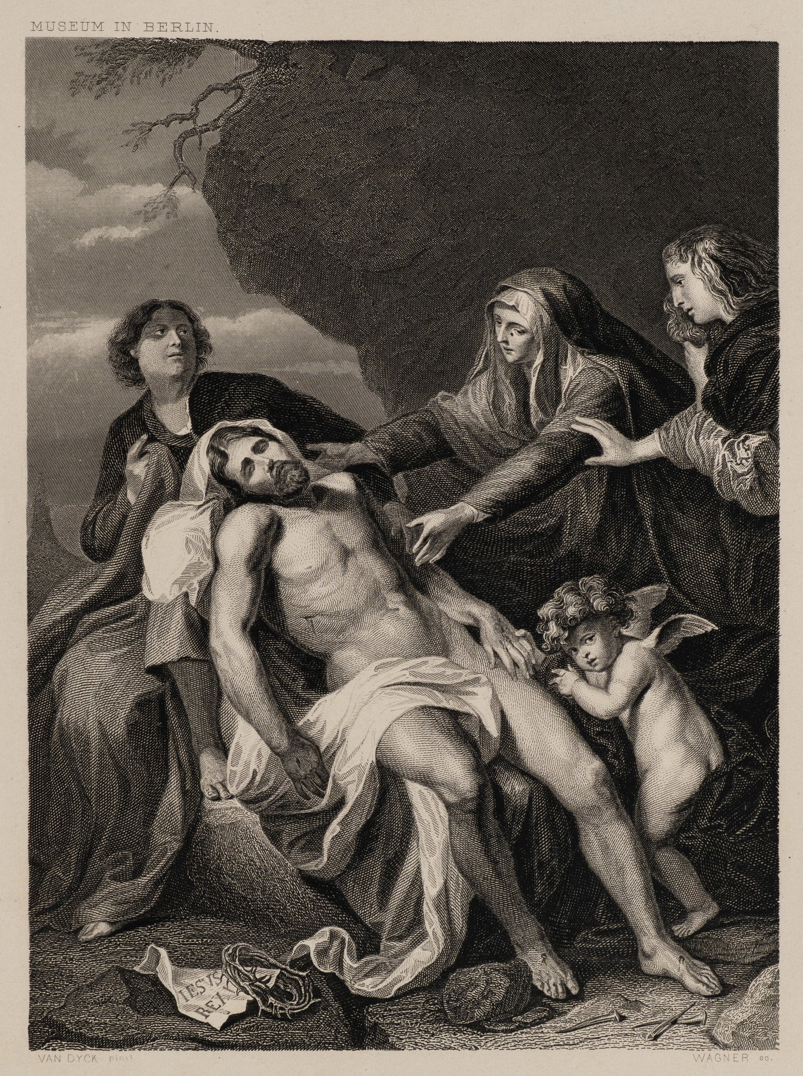 Wagner (19th) after DYCK (*1599), The Burial of Christ, Steel engraving: Wagner (19th century) after Anthonis van Dyck (1599 Antwerp - 1641 London): Entombment of Christ Entombment of Christ with angel and mourners, 19th century, Steel engraving Technique: Steel engraving 