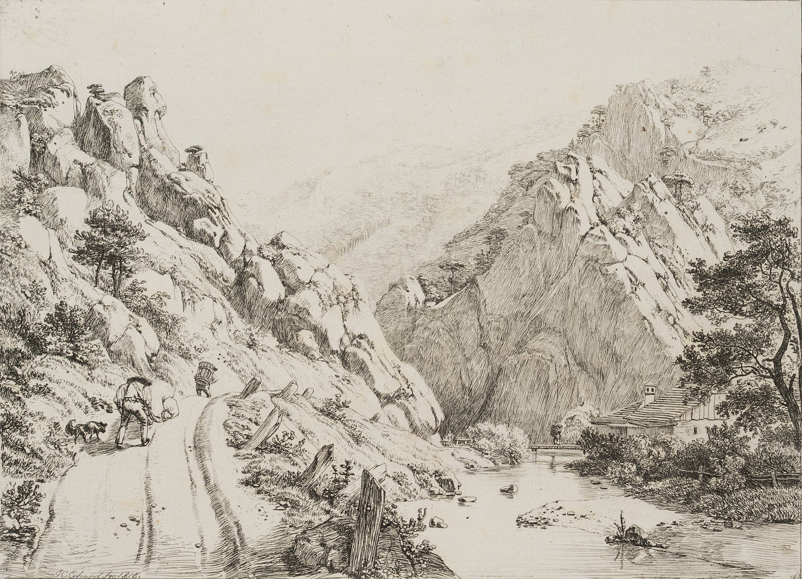 J. ERHARD (1795-1822), The handcart-puller in Brühl near Vienna, 1818, Etching (1 of 5)