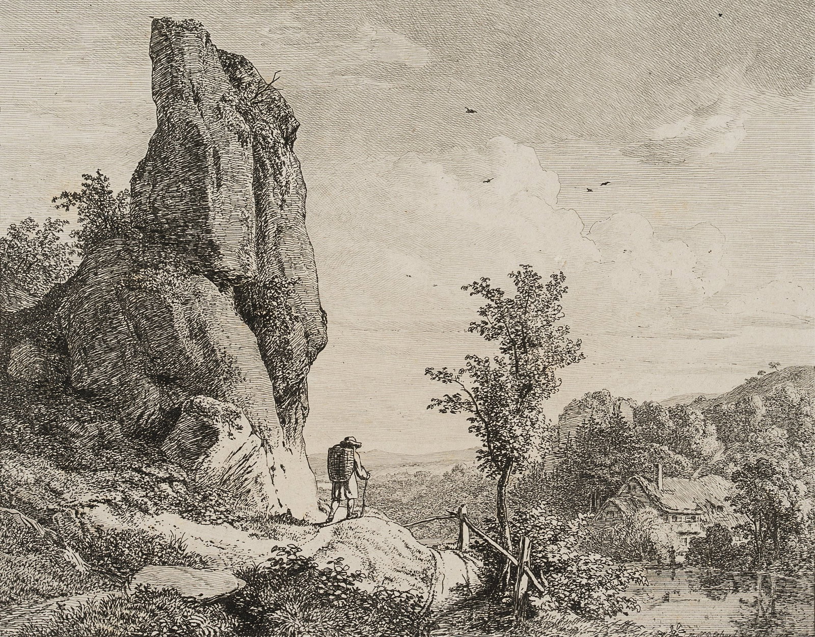 J. ERHARD (1795-1822), Hikers by the cone-shaped rock, 1815, Etching: Johann Christoph Erhard (1795 Nuremberg - 1822 Rom): Hikers by the cone-shaped rock, 1815, Etching Technique: Etching on Paper Catalogue Raisonné: , 78, V/V Inscription: Signed and dated lower ri