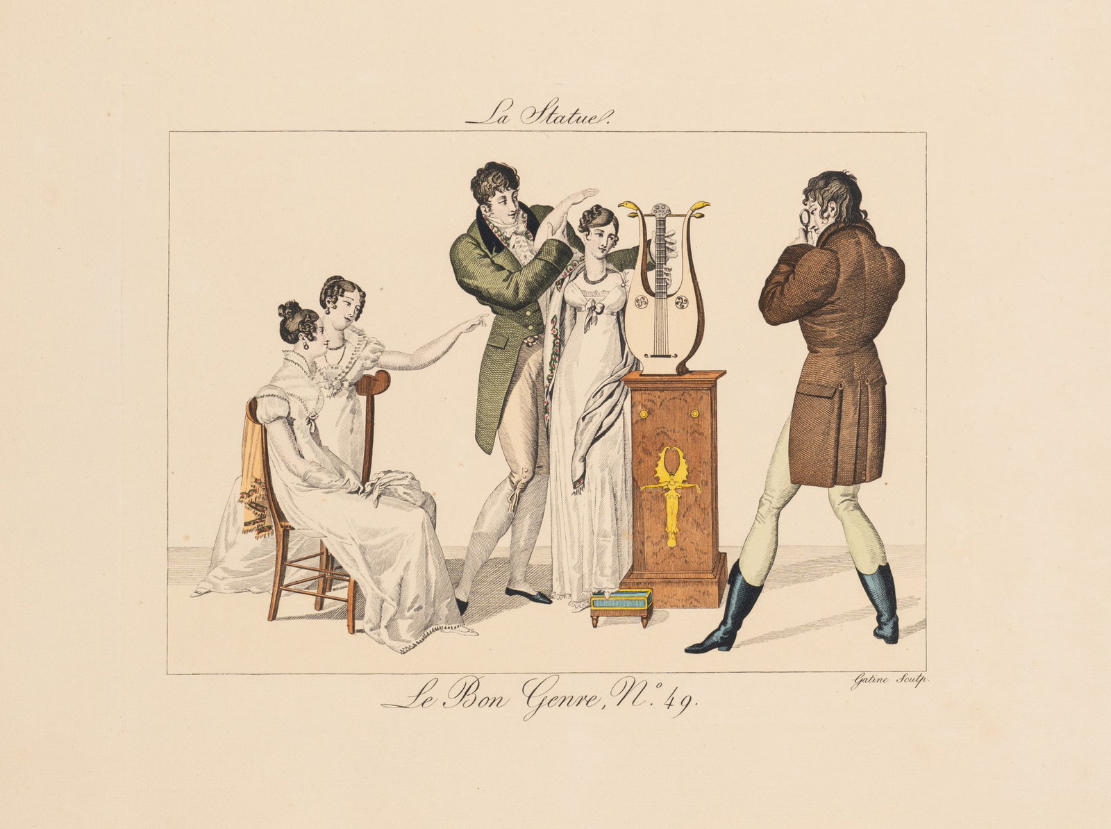 G. GATINE (19th), A reproduction of a Neoclassical statue, Etching: Georges Jacques Gatine (19th century): Re-enactment of a classical scene: with a lady in the pose of a statue, 19th century, Etching Technique: Hand colored Etching on Paper Inscription: Lower right s
