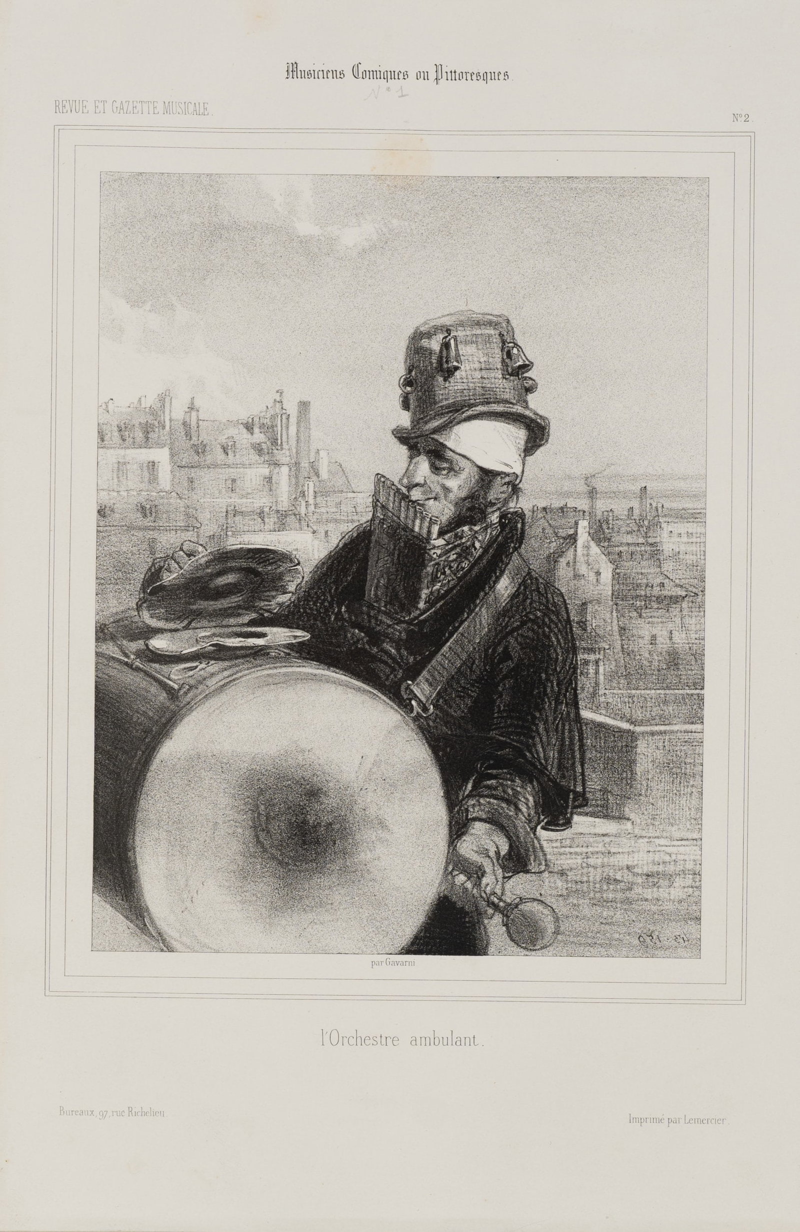 J. LEMERCIER (*1803) after GAVARNI (*1804), The Travelling Musician, 1844, Lithography: Joseph Lemercier (1803 Paris - 1887 ibid.) after Paul Gavarni (1804 Paris - 1866 ibid.): The travelling musician with drum in an urban setting, 1844, Lithography Technique: Lithography on Paper, mount
