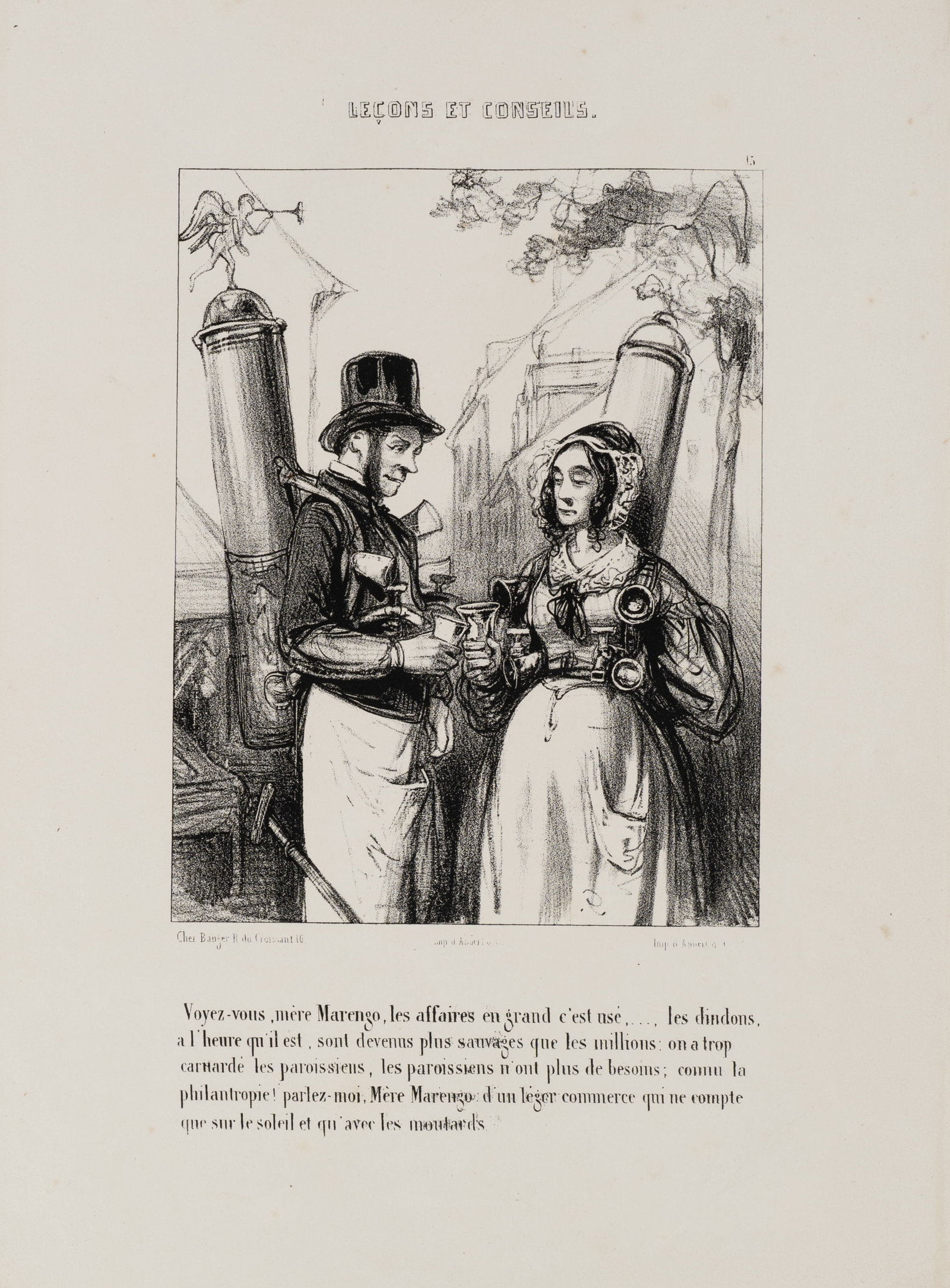 P. GAVARNI (1804-1866), Street vendor selling coffee, 1840, Lithography: Paul Gavarni (1804 Paris - 1866 ibid.): Social satire. Lesson and advice. Mobile coffee vendor, 1840, Lithography Technique: Lithography on Paper, mounted on Paper Inscription: Upper middle inscribed 