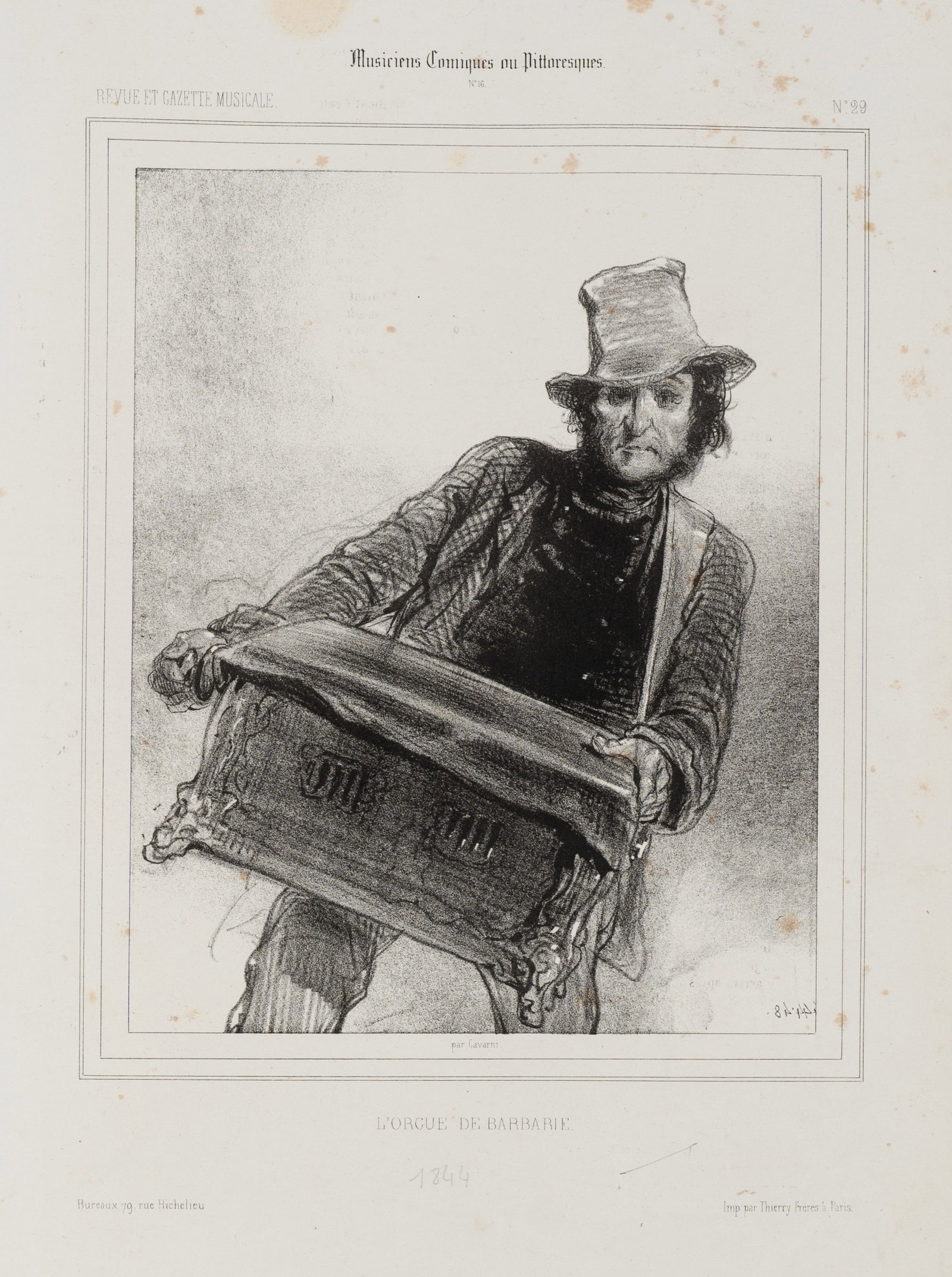 P. GAVARNI (1804-1866), Barrel organ player in black and white, 1844, Lithography (1 of 5)