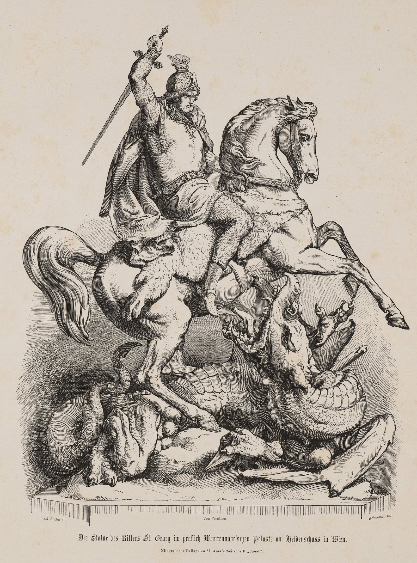 Schneider (19th) after GEIGER (*1822), St George and the Dragon, Etching: Schneider (19th century) after Carl Joseph Geiger (1822 Vienna - 1905 ibid.): The statue of the knight St George in the count's Montenowe palace on the Heidenschuss in Vienna, 19th century, Etching Te