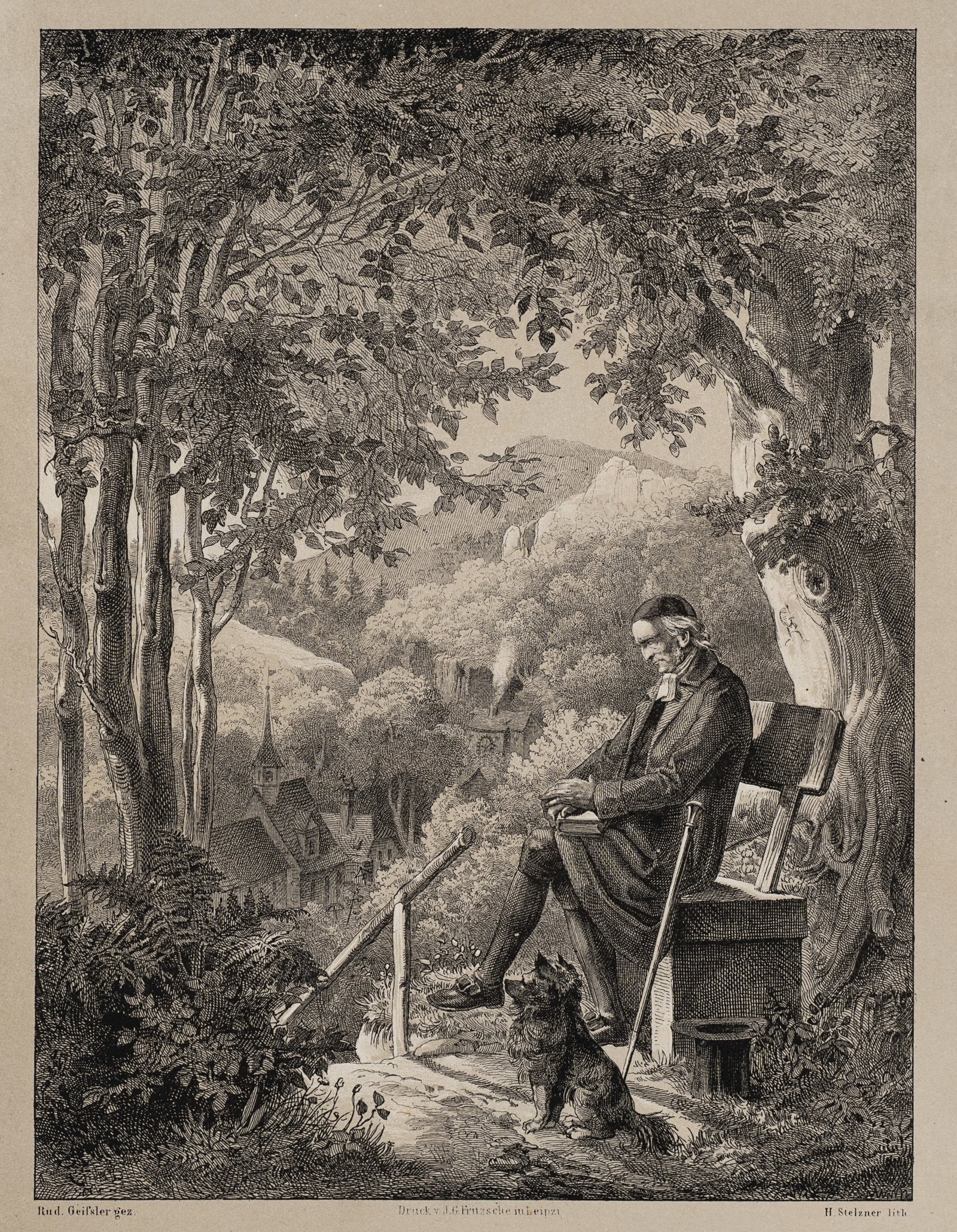 H. STELZNER (*1833) after GEISSLER (*1834), There is peace above all the peaks, Tinted Lithographie: Heinrich Stelzner (1833 - 1910 ) after Rudolf Karl Gottfried Geißler (1834 Nuremberg - 1906 ibid.): Peace and quiet above all the peaks Wooded area with idyllic view and old man on a bench, 19th 