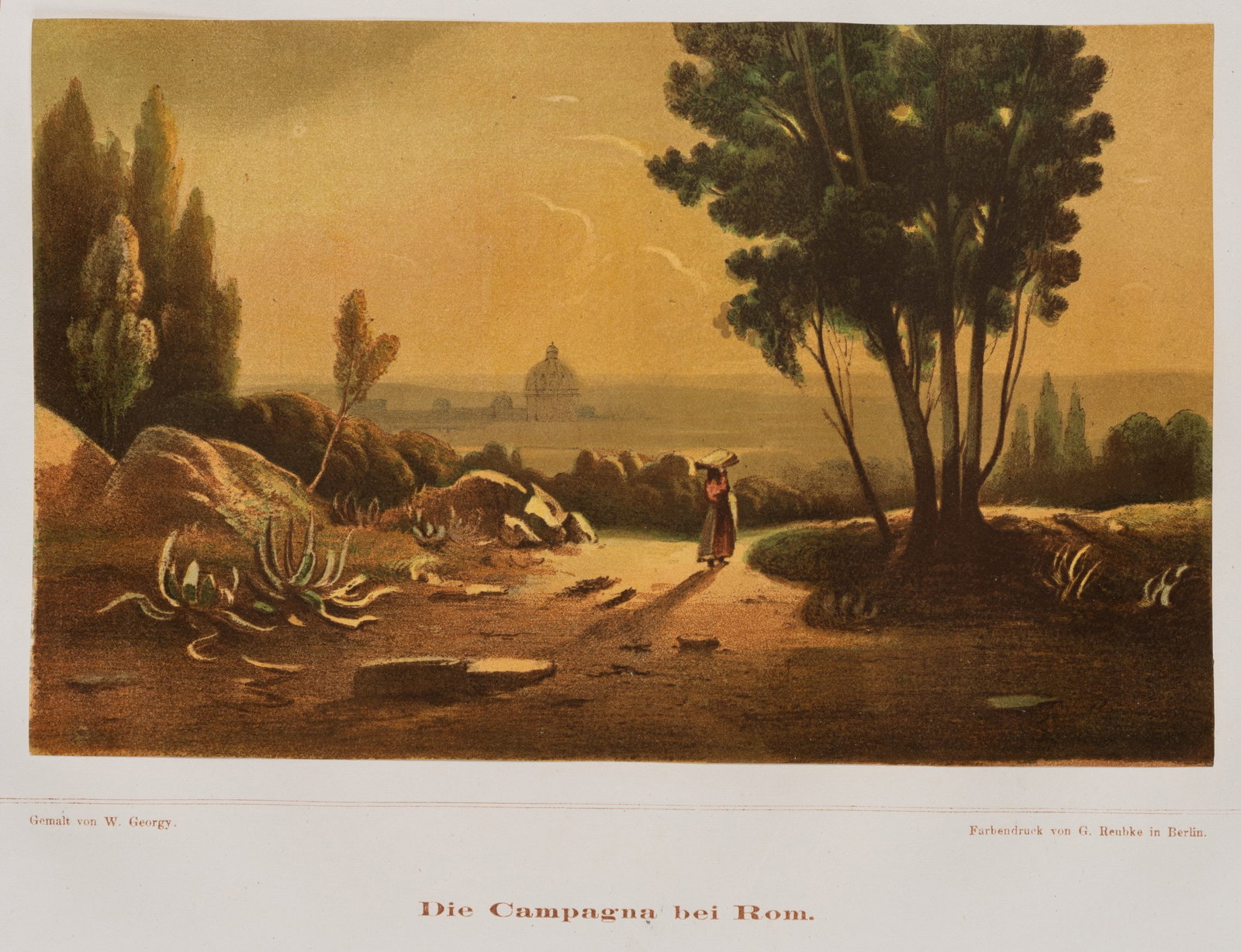 W. GEORGY (1819-1887), "The Campagna near Rome". In the warm light, Colour lithography: Wilhelm Georgy (1819 Magdeburg - 1887 Weimar): The Campagna near Rome View of the silhouette of Rome in the warm light, 19th century, Colour lithography Technique: Colour lithography on Paper, mounted