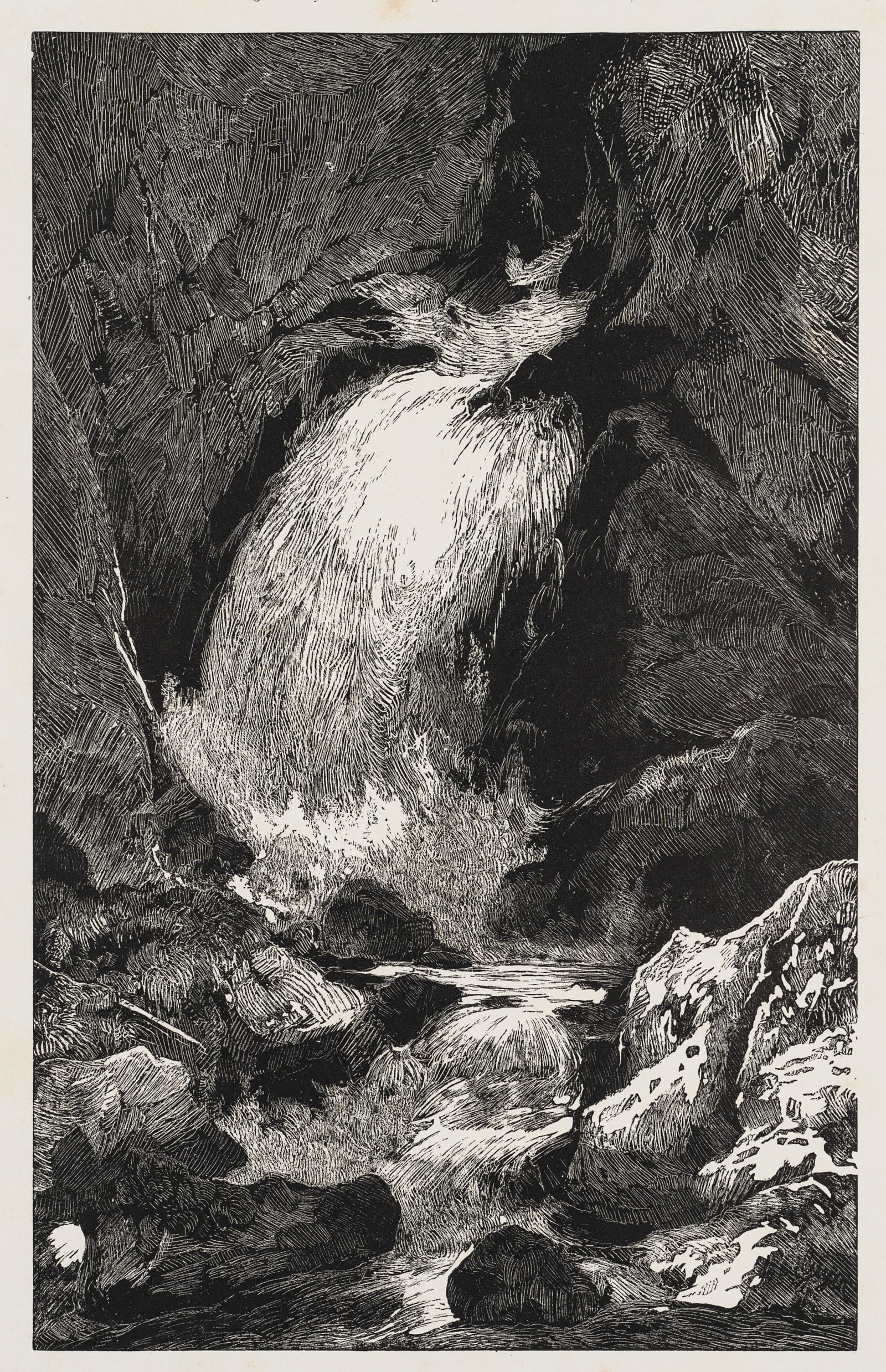 C. GEYER (1816-1893), Waterfall, around 1855, Wood engraving: Conrad Geyer (1816 Nuremberg - 1893 Munich): Thundering waterfall in a rocky gorge, c. 1855, Wood engraving Technique: Wood engraving on Paper Inscription: At the upper part inscribed in the printing 