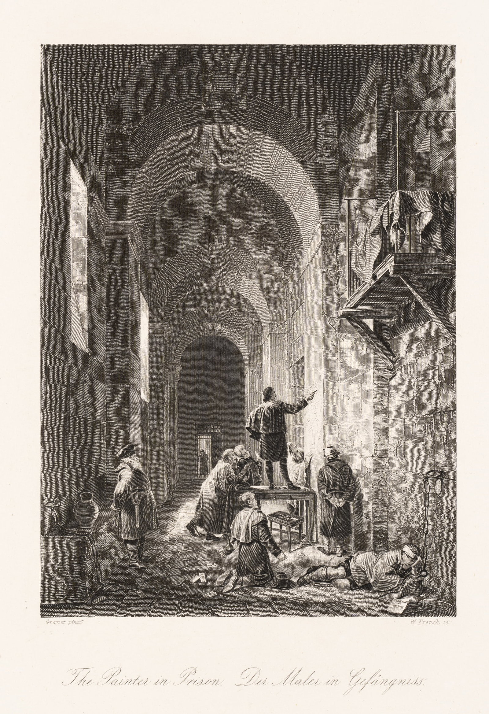W. FRENCH (*1815) after GRANET (*1775), A painter in prison, Steel engraving: William French (around 1815 Sussex - 1898 East Grinstead) after François Marius Granet (1775 Aix-en-Provence - 1849 Malvallet (Aix)): The painter at work in a prison, 19th century, Steel engravin