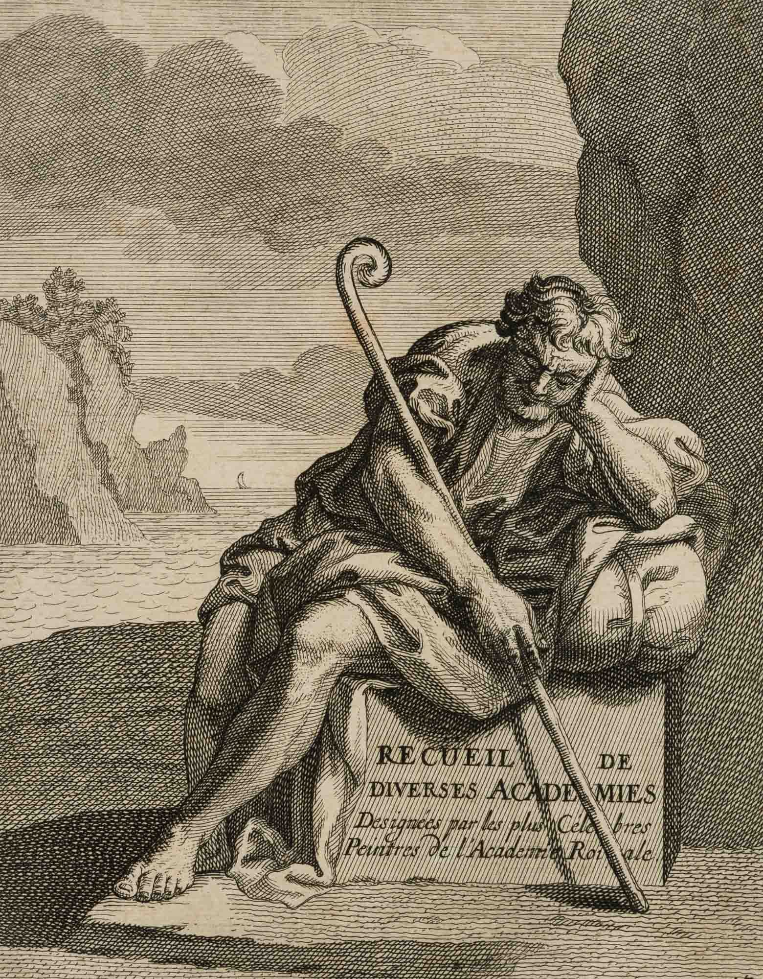 N. GUÉRARD (*1734) attributed, Title engraving depicting a traveller by the sea, around 1800,: Nicolas Guérard (born around 1734 ) attributed: Cover with hiker resting by the sea, c. 1800, Copper engraving Technique: Copper engraving on Paper, mounted on Paper Inscription: Signed "43" lowe