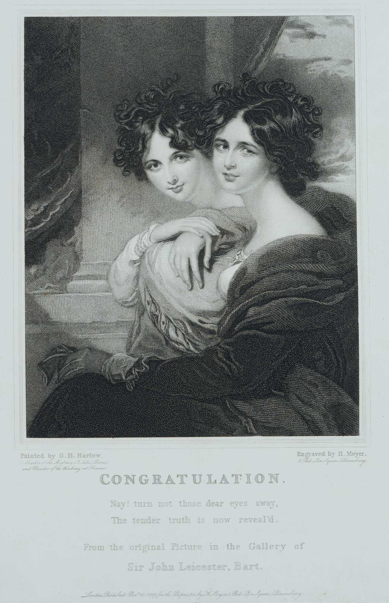 H. MEYER (*1780) after HARLOW (*1787), 'Congratulations', two young ladies, Etching (1 of 4)