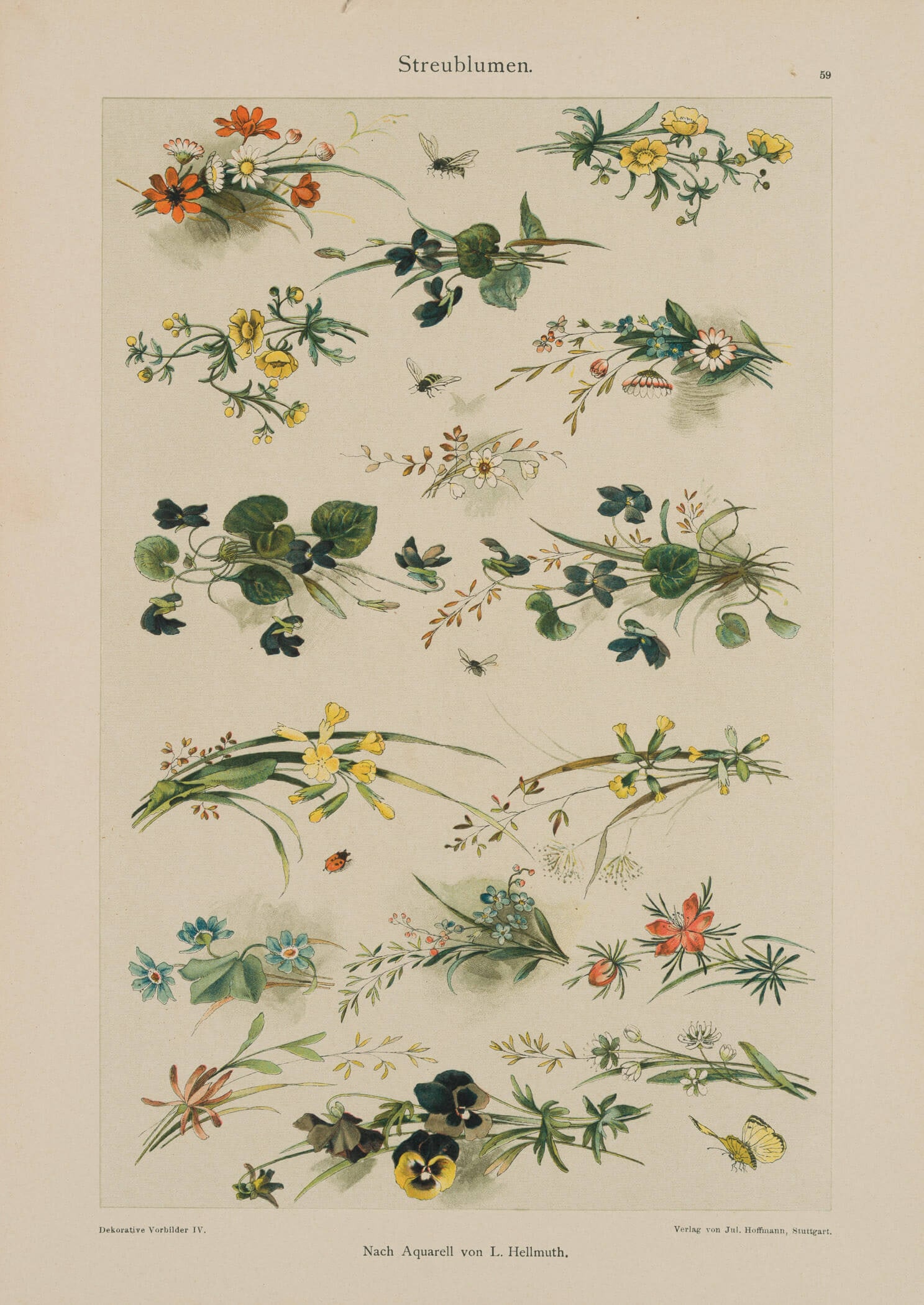 After HELLMUTH (*1859), Scattered flowers, 1893, Lithography: After Leonhard Hellmuth (1859 Neuses - 1932 Ansbach): Designs and motifs for scattered flowers, 1893, Lithography Technique: Hand colored Lithography on PaperPaper Inscription: Lower middle signed in 