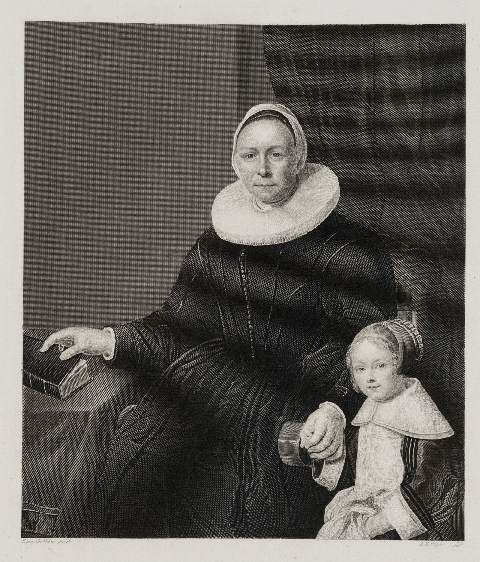 A. PAYNE (*1812) after HELST (*1613), Mother and child, Steel engraving: Albert Henry Payne (1812 London - 1902 Leipzig) after Bartholomeus van der Helst (1613 - before 1670 ): Mother and child Dignified mother with child and book, 19th century, Steel engraving Technique: 