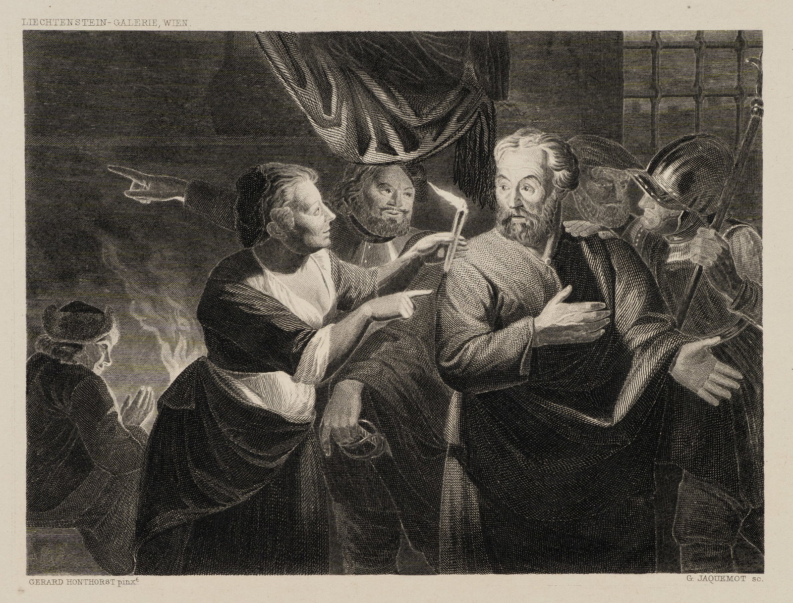 G. JAQUEMOT (*1806) after HONTHORST (*1590), Peter’s Denial, Etching (1 of 5)