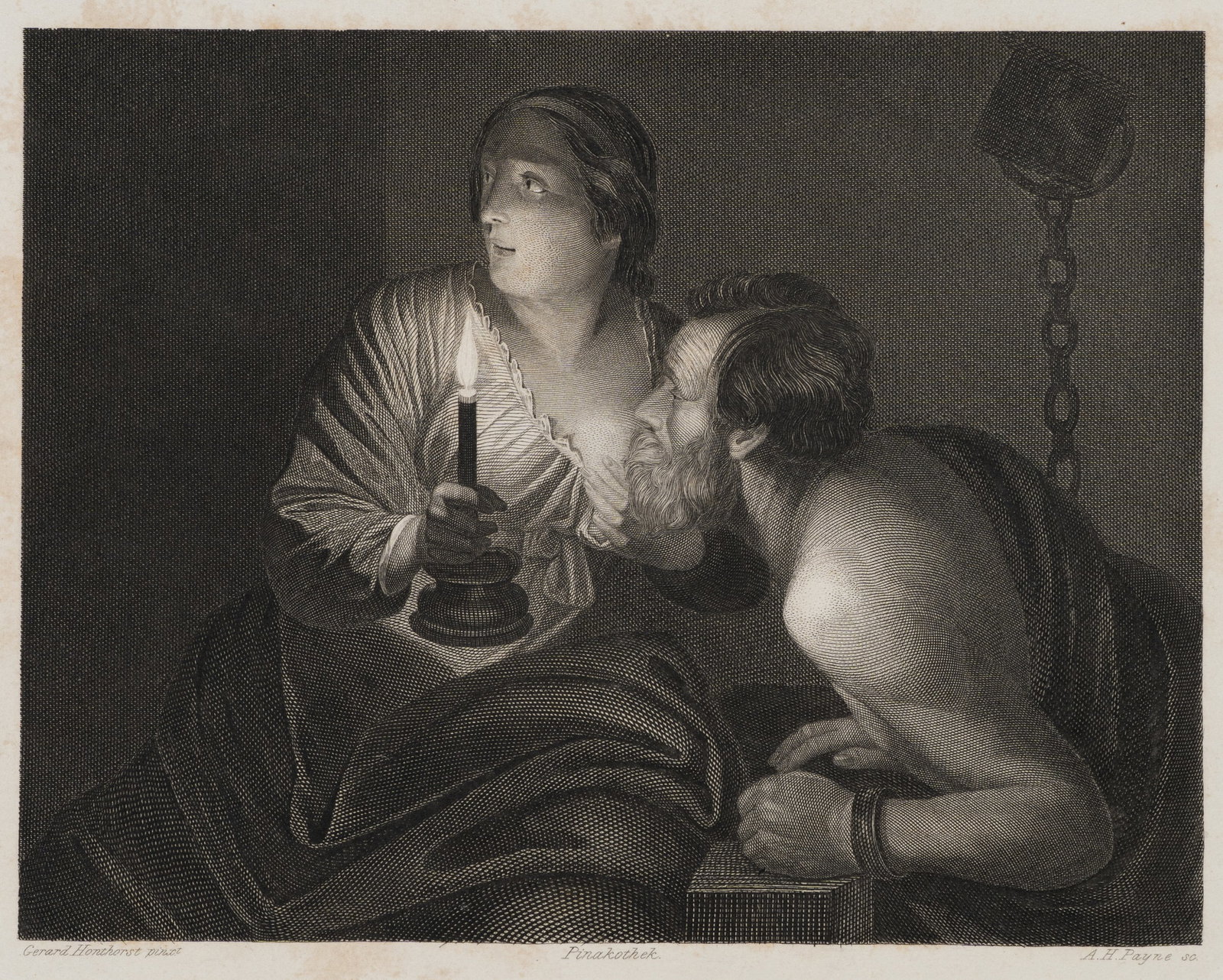 A. PAYNE (*1812) after HONTHORST (*1590), Cimon and Pera. Caritas Romana, Steel engraving: Albert Henry Payne (1812 London - 1902 Leipzig) after Gerrit van Honthorst (1590 - 1656 ): Cimon and Pera Caritas Romana Woman with candle illuminates bound man, 19th century, Steel engraving Techniqu