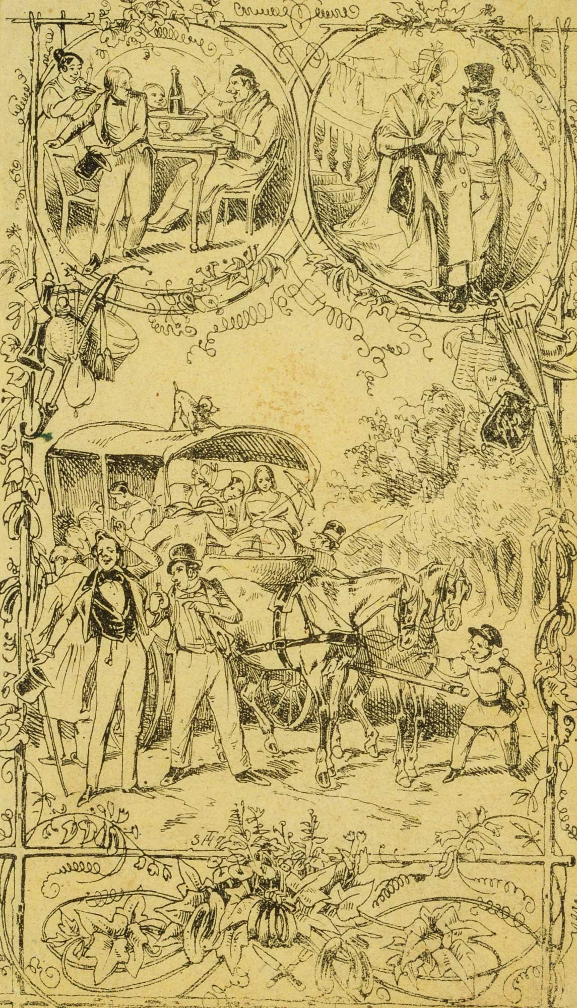 T. HOSEMANN (1807-1875), The carriage ride, 1837, Lithography: Theodor Hosemann (1807 Brandenburg (Havel) - 1875 Berlin): "The Kremserpartie", carriage ride Excursion in Krems and surroundings, 1837, Lithography with pen Technique: Lithography with pen on Paper D