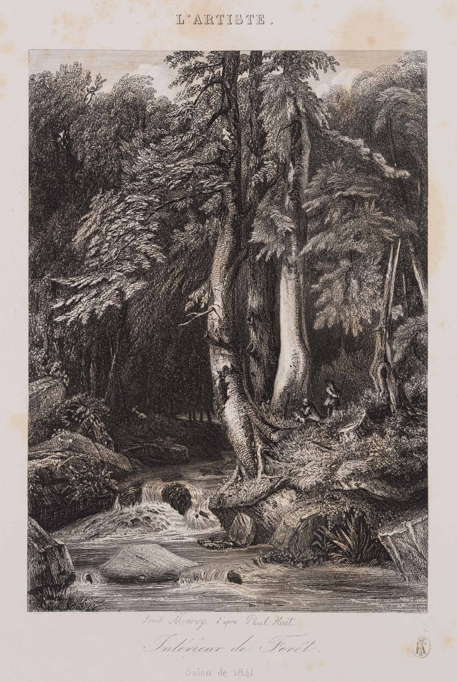 L. MARVY (19th) after HUET (*1803), A view into the heart of the forest, 1841, Etching: Louis Marvy (19th century) after Paul Huet (1803 Paris - 1869 ibid.): "Interieur de foret" - view into the forest interior with strong tall trees and resting hunters on a rocky embankment, 1841, Etchi