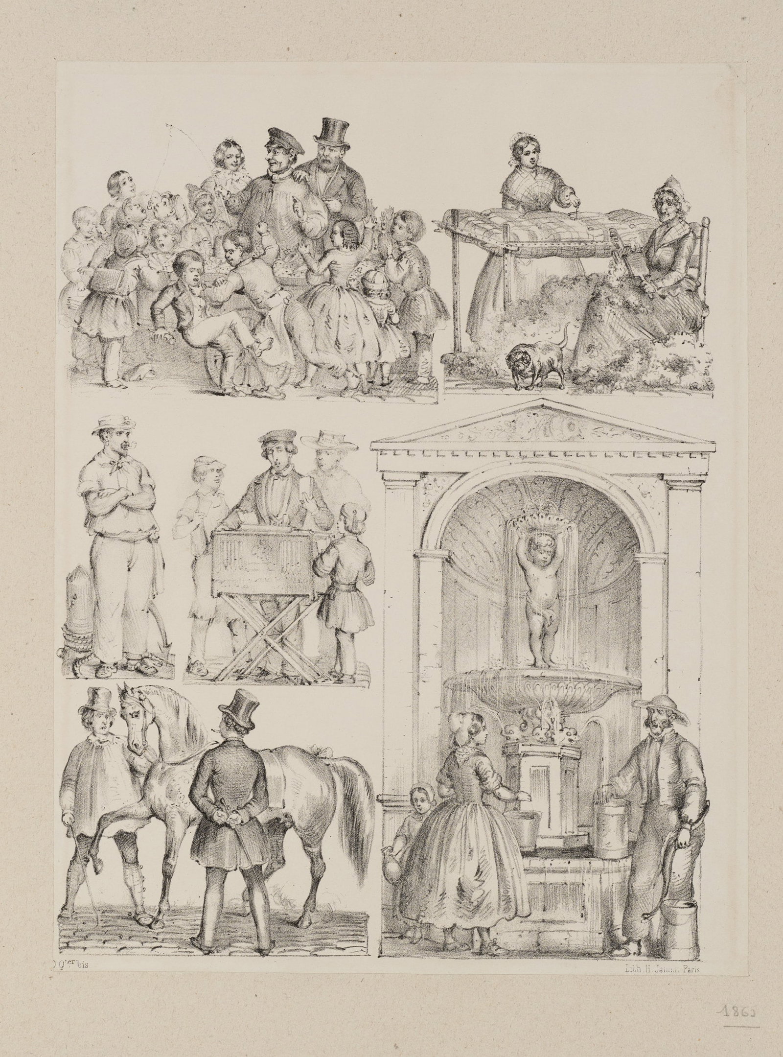 H. JANNIN (19th), Scenes from city life, 1862, Lithography: H Jannin (19th century): Everyday city views - market, fountain, horsemen and children, 1862, Lithography Technique: Lithography on Paper, mounted on Paper Inscription: Lower right signed in the print