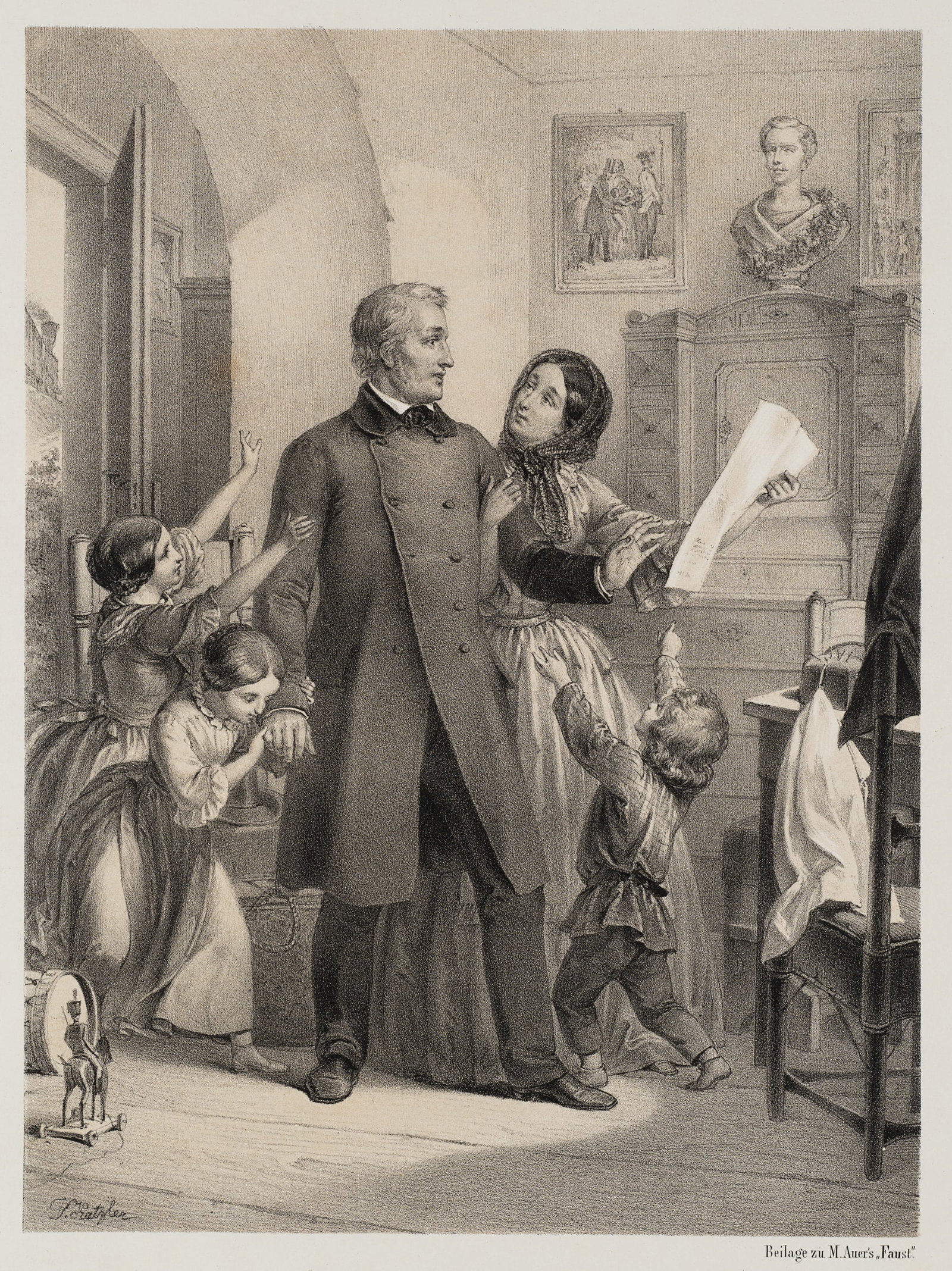 V. KATZLER (1823-1882), Imperial generosity. Good news, Lithography: Vinzenz Katzler (1823 Vienna - 1882 ibid.): "Imperial magnanimity", interior with family around the father receiving good news, 19th century, Lithography Technique: Lithography on Paper Inscription: l