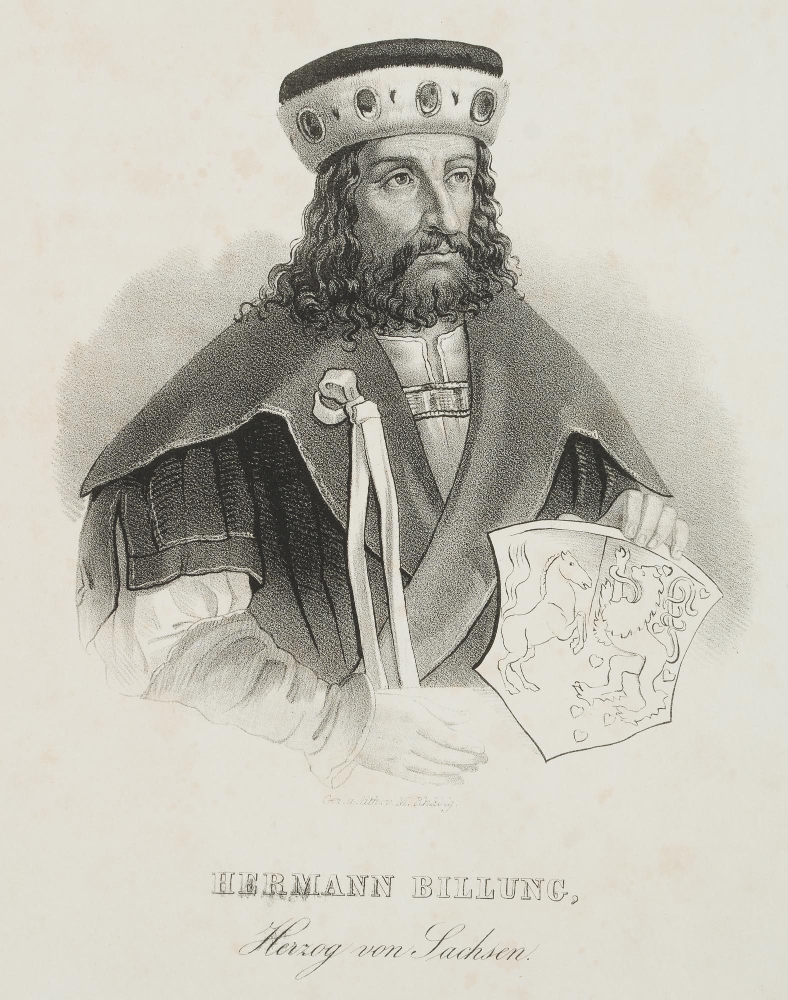 M. KNÄBIG (1804-1876), Hermann Billung, Duke of Saxony, Lithography: Maximilian Knäbig (1804 Meissen - after 1876 ): Portrait of Hermann Billung (b 973 Quedlinburg) Duke of Saxony As a half-figure in a cloak to the right with coat of arms in his left hand, 19th ce