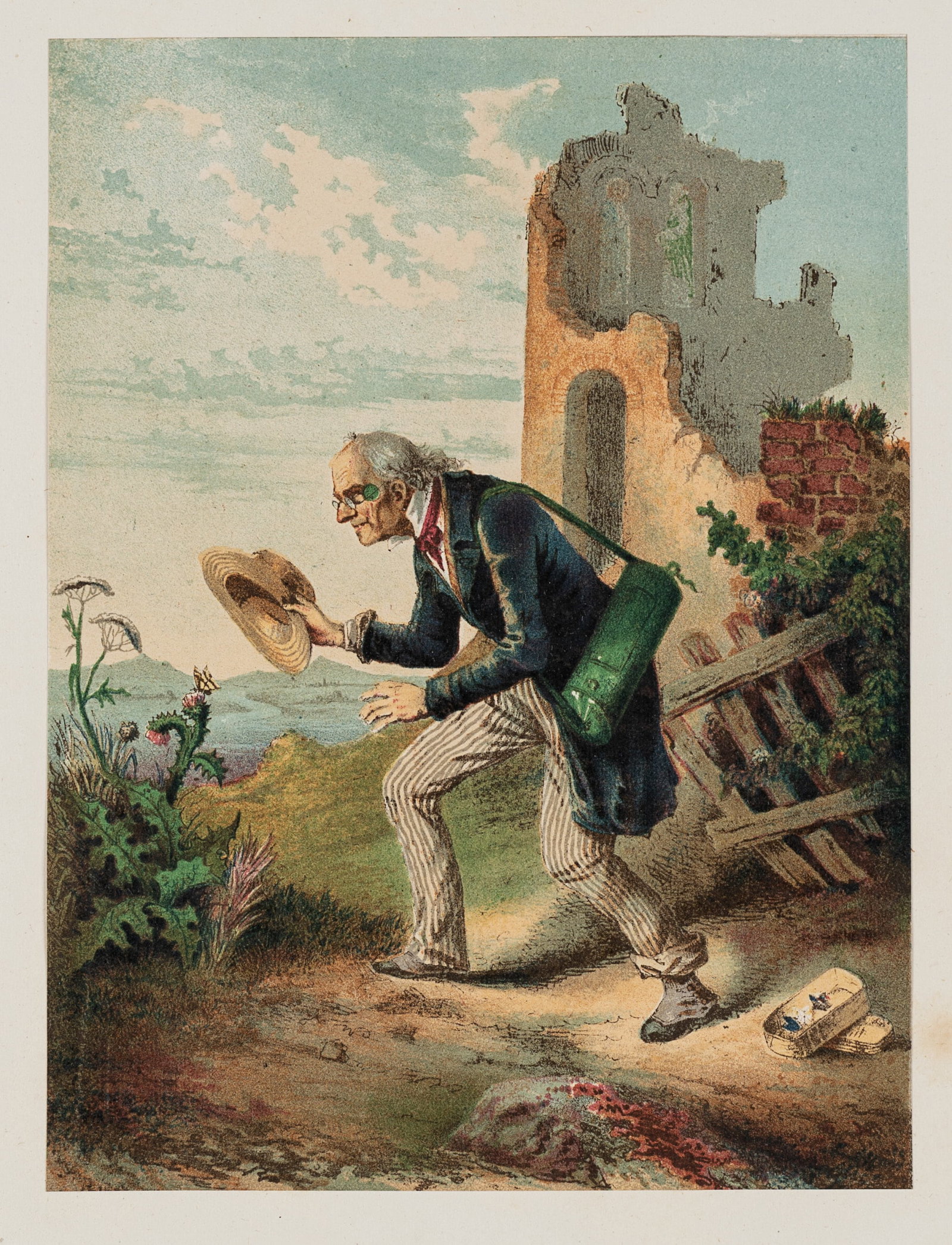 J. BACH (19th) after KRETSCHMER (*1818), The Butterfly Hunter, Colour lithography: J. G. Bach (19th century) after Robert Kretschmer (1818 Berghof near Schweidnitz - 1872 Leipzig): "The butterfly hunter" Odd man trying to catch a butterfly with his hat, 19th century, Colour lithogra