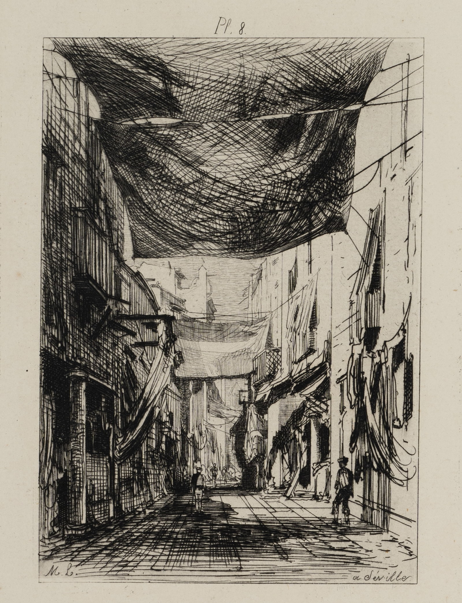 M. LALANNE (1827-1886), Street scene with washing lines, 1866, Etching: Maxime Lalanne (1827 Bordeaux - 1886 Nogent-Sur-Marne): City life in Seville with washing lines stretched across the street, 1866, Etching Technique: Etching on Paper Stamp: Lower right Collector's st