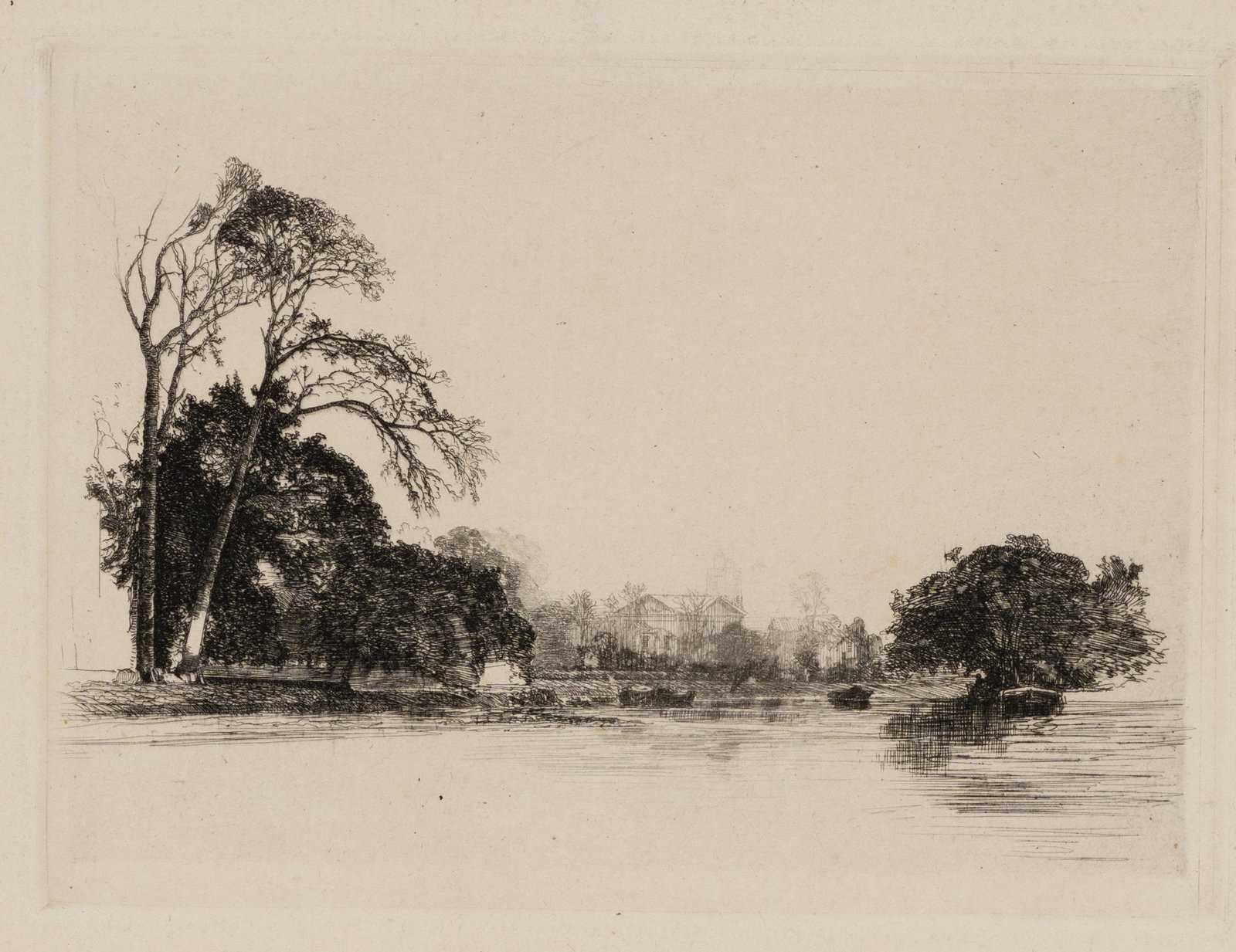 M. LALANNE (1827-1886), Banks of the Thames, 1869, Etching: Maxime Lalanne (1827 Bordeaux - 1886 Nogent-Sur-Marne): Bords de la tamise Romantic river landscape with tree backdrops and architecture, 1869, Etching Technique: Etching on Paper Stamp: Verso Collect