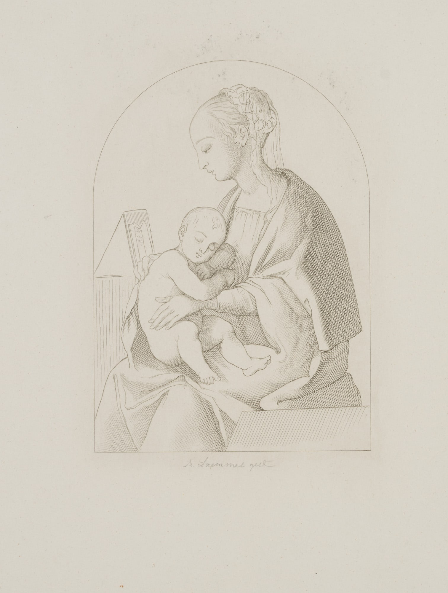K. LÄMMEL (1822-1866), Madonna. Mary and the Child, Steel engraving: Karl Moritz Lämmel (1822 Leipzig - 1866 ): Madonna Mary with the sleeping child on her lap, 19th century, Steel engraving Technique: Steel engraving on Paper Inscription: Signed in pencil below t