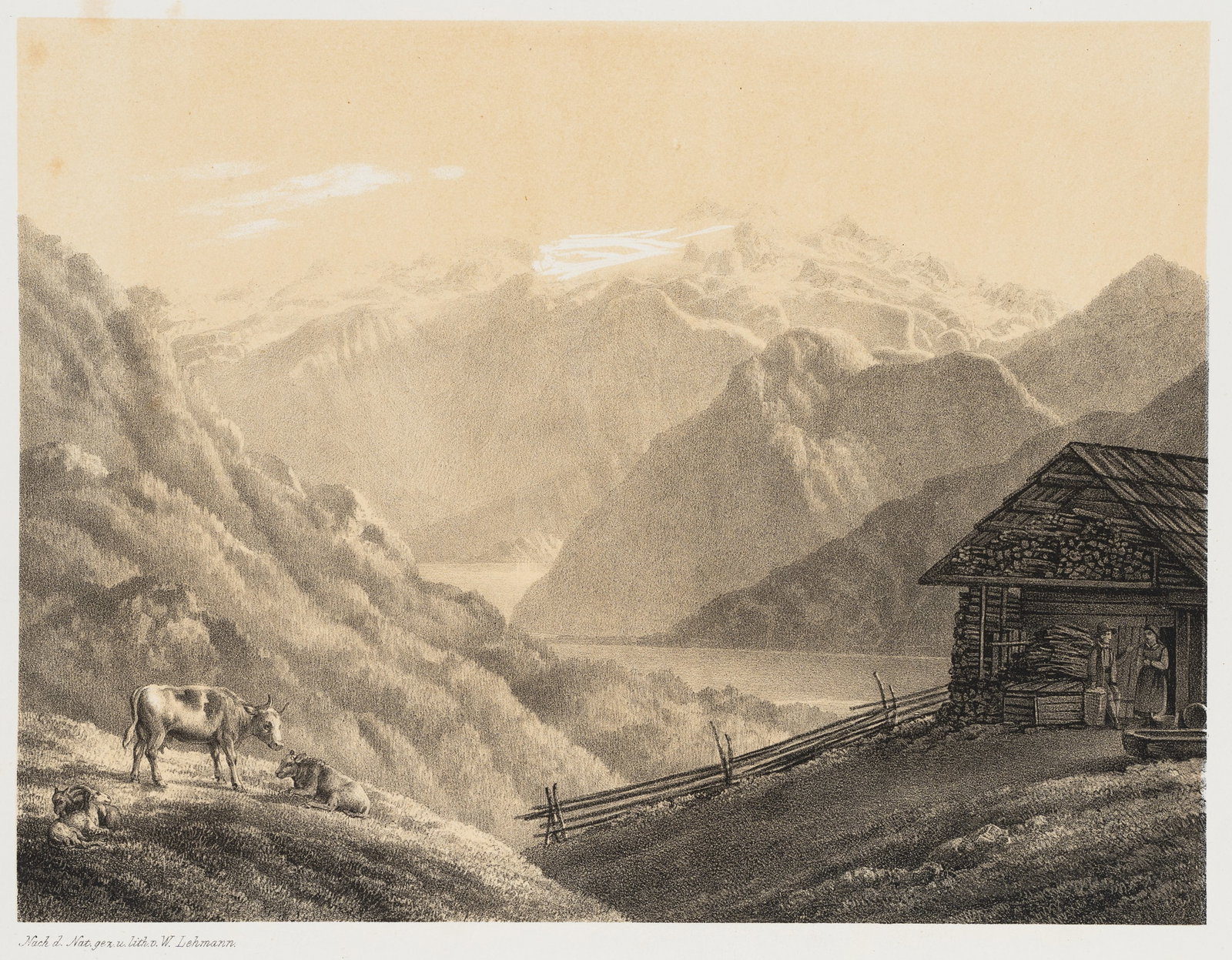 W. LEHMANN (19th), The Dachstein from the Hütteneckalpe, around 1855, Lithography: W. Lehmann (19th century): Dachstein from the Hütteneckalpe Dachstein mountains in Styria, c. 1855, Lithography Technique: Lithography over tinted stone on Paper Inscription: lower left signed in