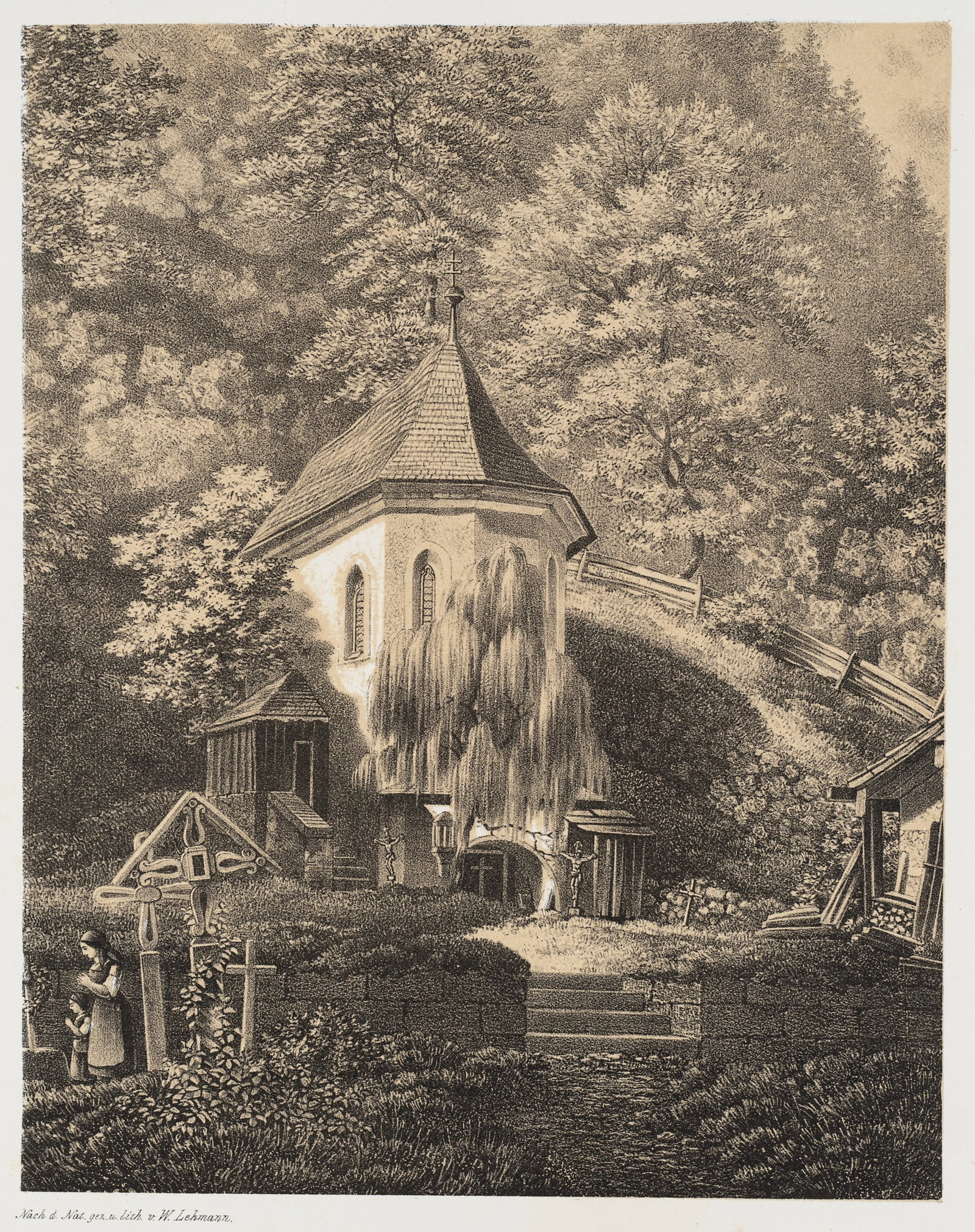 W. LEHMANN (19th), Chapel in the Hallstatt cemetery, around 1855, Lithography (1 of 5)