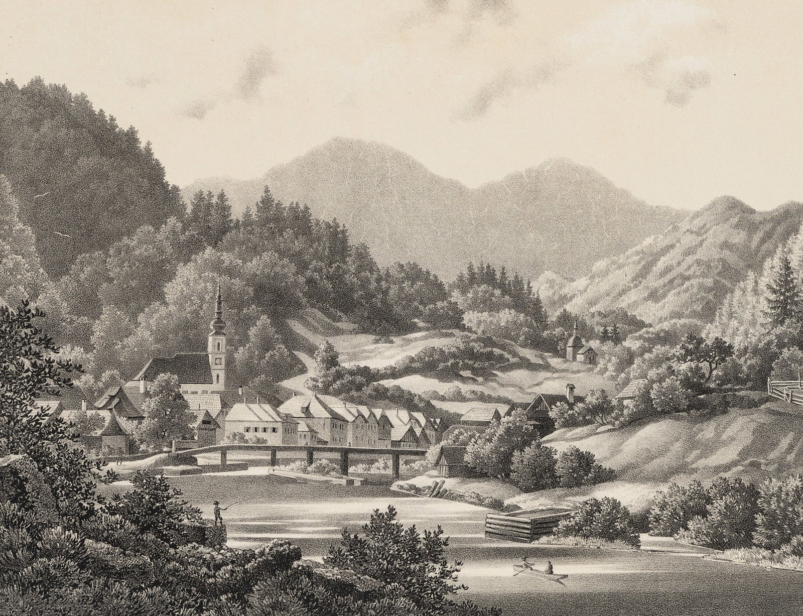 W. LEHMANN (19th), Lauffen near Ischl, around 1855, Lithography: W. Lehmann (19th century): View of Lauffen an der Traun near Ischl, c. 1855, Lithography Technique: Lithography over tinted stone on Paper Inscription: lower left signed in the printing plate: "Nach d