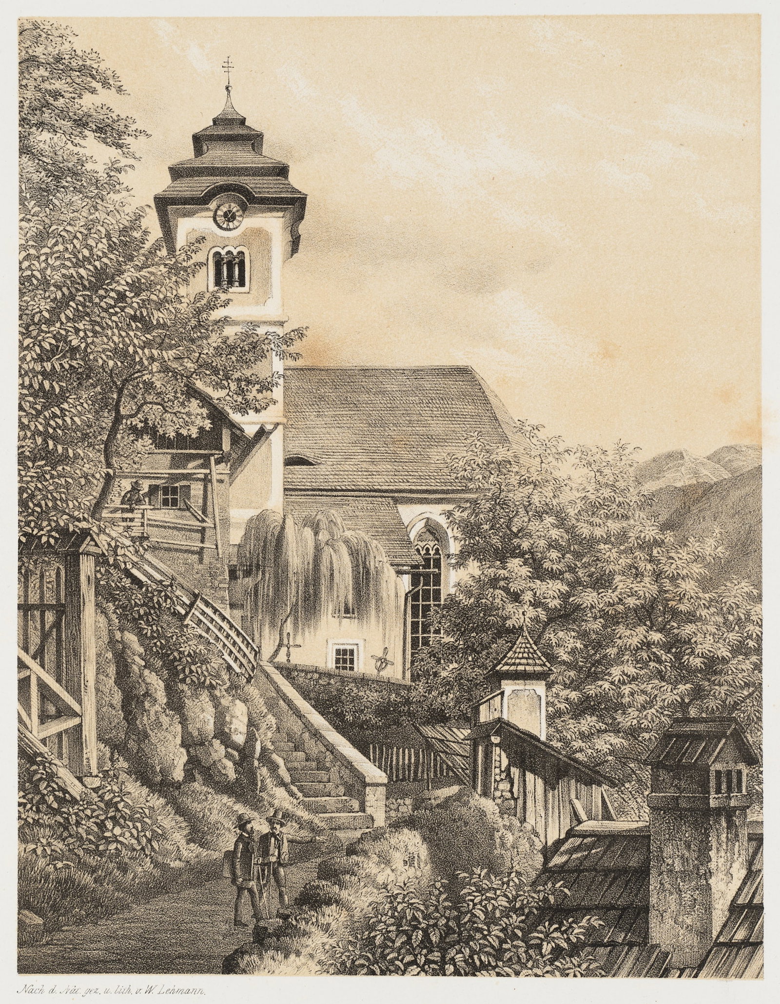 W. LEHMANN (19th), Hallstatt Church, around 1855, Lithography (1 of 5)
