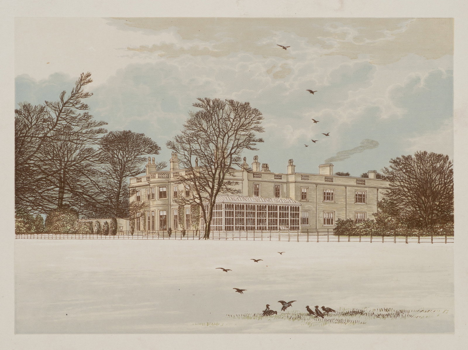 A. LYDON (1836-1917), Ednast Lodge in winter, around 1880, Color Wood Engraving (1 of 5)
