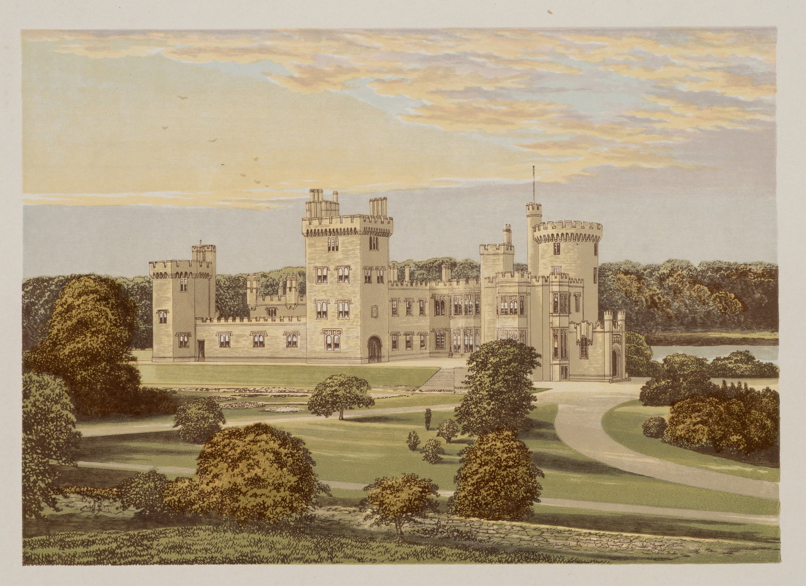 A. LYDON (1836-1917), Dromoland, around 1880, Color Wood Engraving: Alexander Francis Lydon (1836 - 1917 ): Dromoland Magnificent castle with towers in a vast park landscape, c. 1880, Color Wood Engraving Technique: Color Wood Engraving on Paper Inscription: At the lo