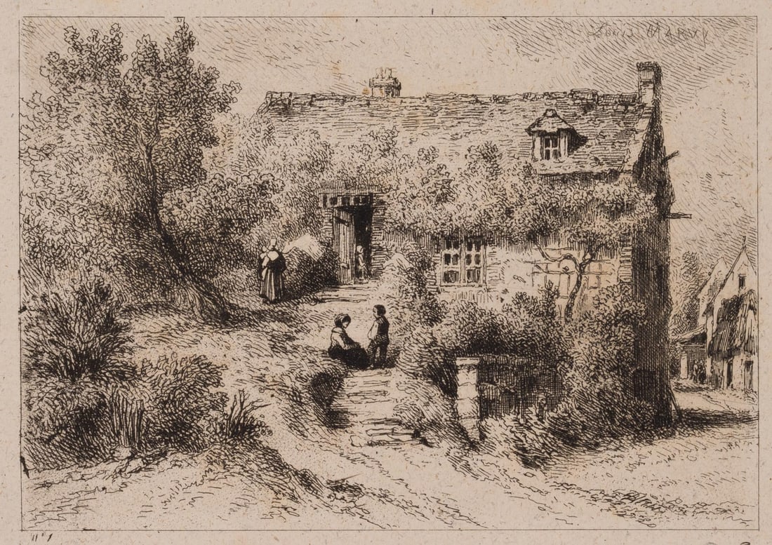 L. MARVY (19th), Children in front of a farmhouse, around 1844, Etching: Louis Marvy (19th century): Genre depiction with children in front of farmhouse on village street, c. 1844, Etching Technique: Etching on China paper, rolled-on on Paper Stamp: Collector's stamp, Lugt